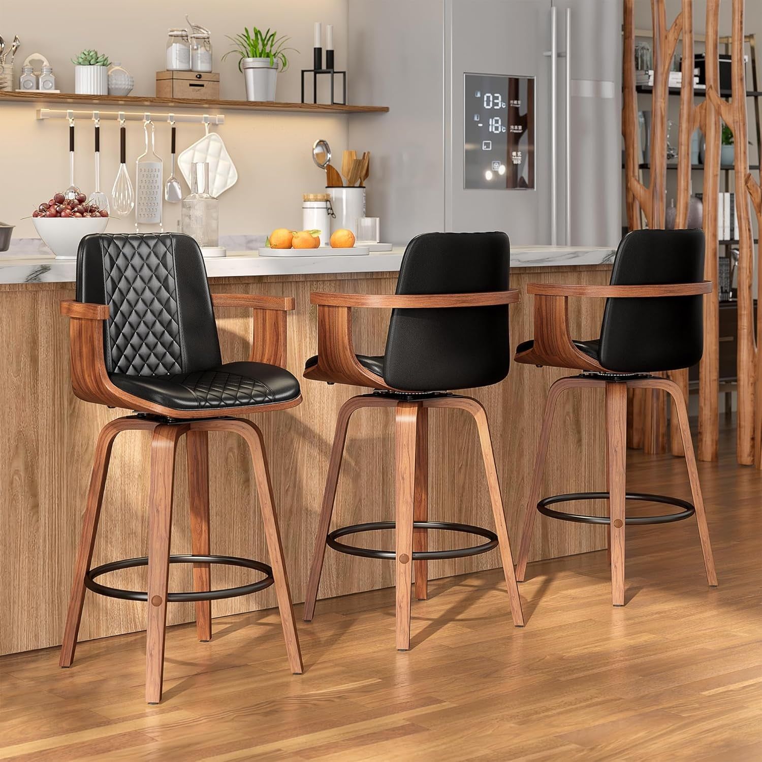 Swivel Bar Stools Set of 3, 26 Inch Bar Height Barstools with Arms and High Back, Upholstered PU Leather Counter Height Stools with Bentwood Wood Frame and Legs for Kitchen Island, Black