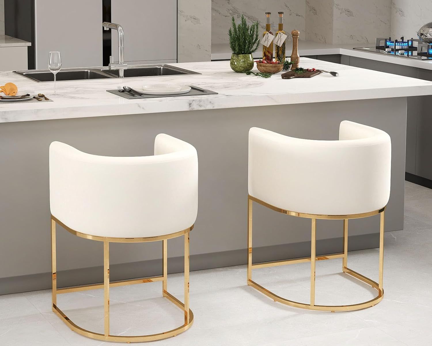 Modern Barrel Counter Height Clearance Bar Stools Set of 2, 24 Inch Velvet Kitchen Barstools with Back for Island, with Gold Metal Tubular Frame, Ivory