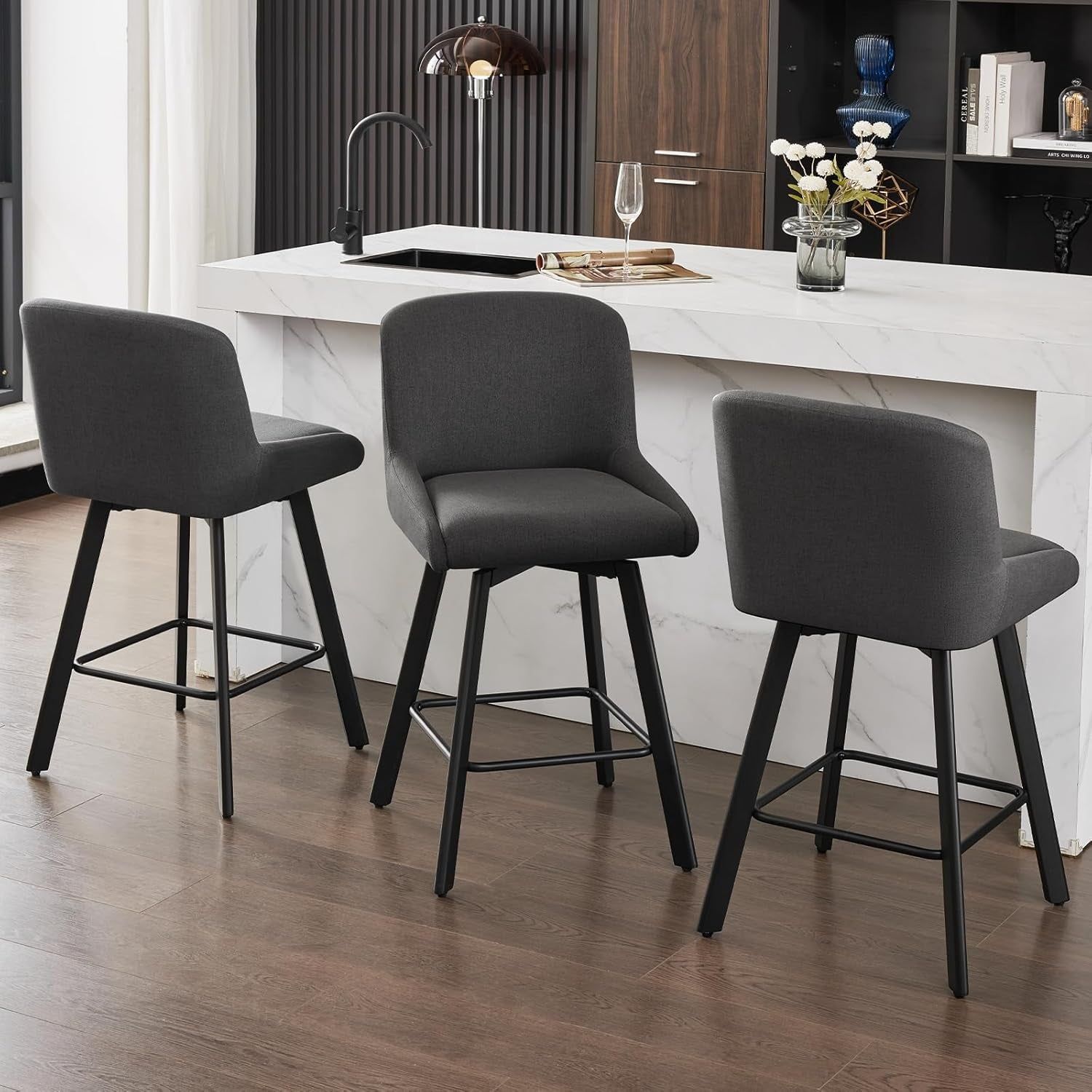 Swivel Counter Height Bar Stools Set of 3, 26&#39;&#39;H Upholstered Barstools with Backs, Modern Bar Stool Chairs for Kitchen Island, Metal Legs, Fabric, Black Grey Stools Counter Chair