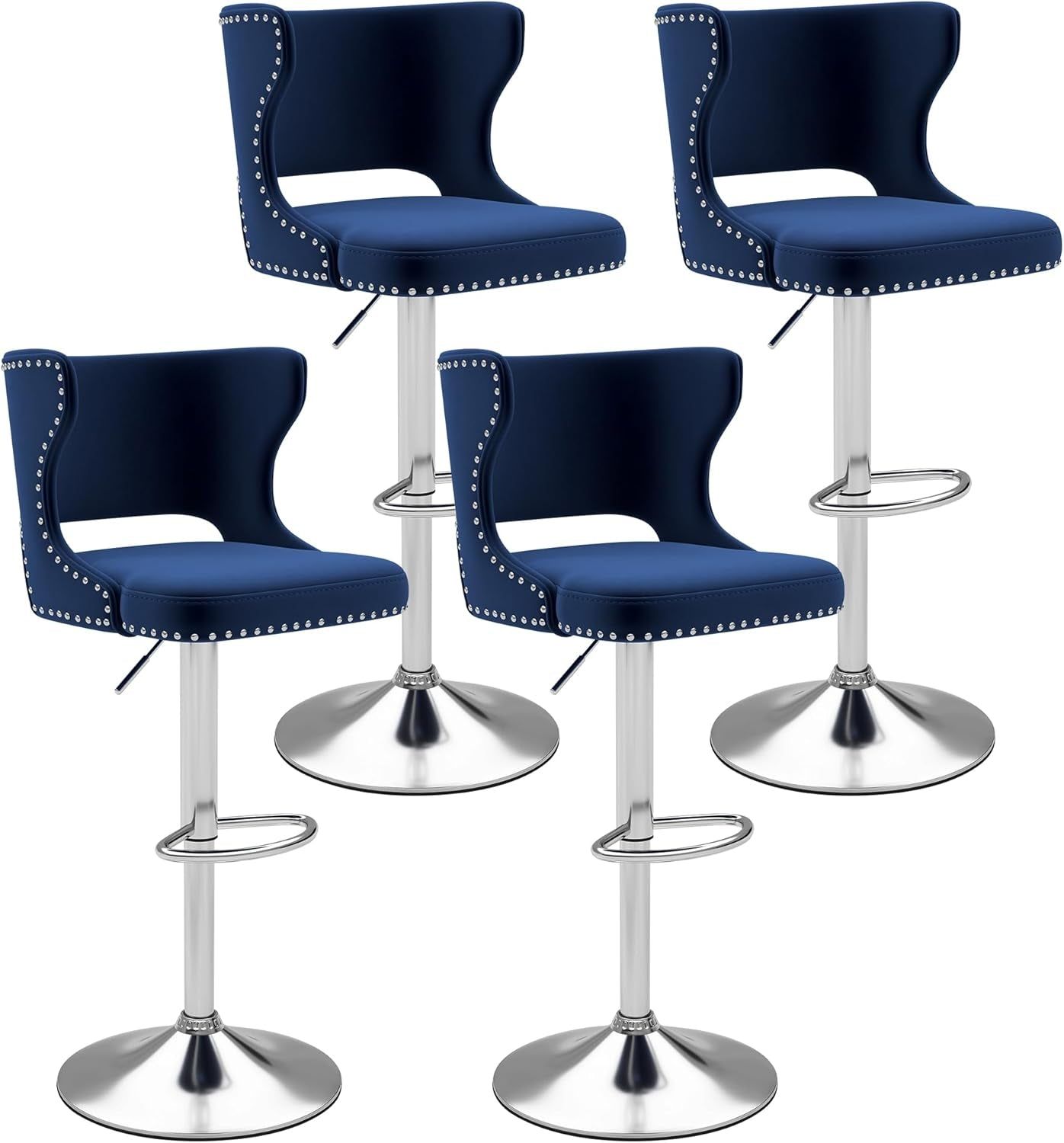 Bar Stools Set of 4, Velvet Swivel Adjustable Barstools with Hollow Back, Rivet Trim and Stable Chrome Base, Upholstered Counter Height Bar Stools for Kitchen Island, Blue
