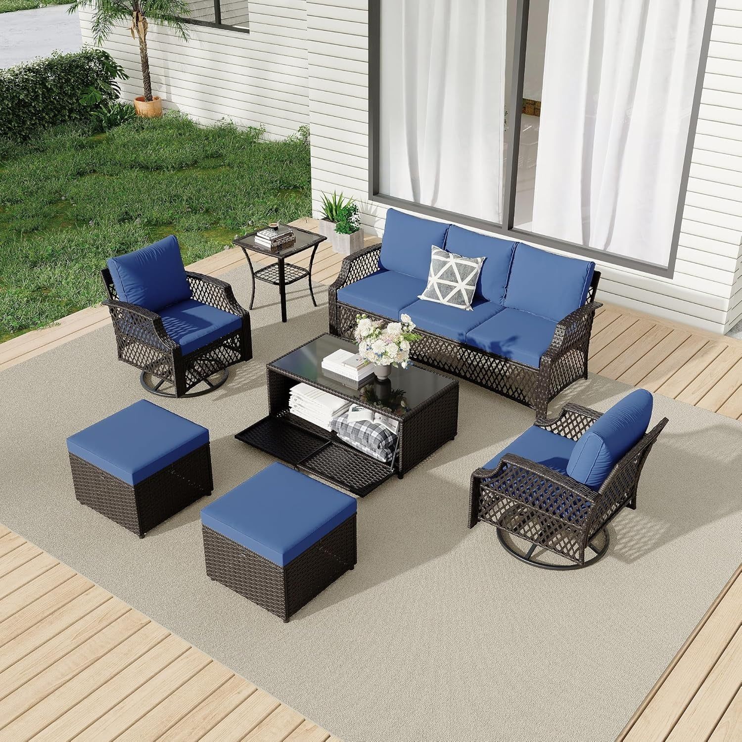 Navy Blue Wicker Patio Furniture Set with Storage Table
