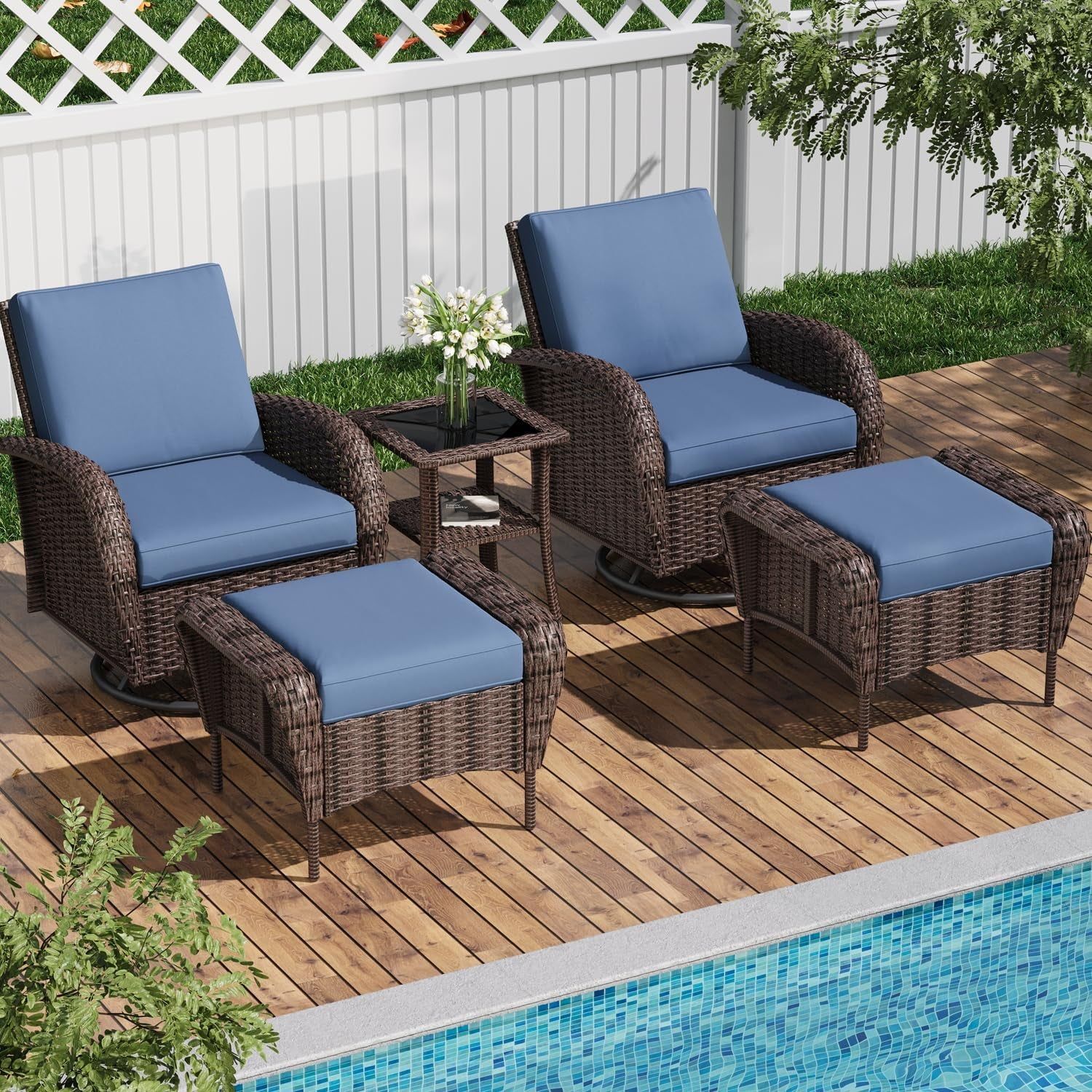 Five Piece Outdoor Swivel Chairs Set with Ottoman
