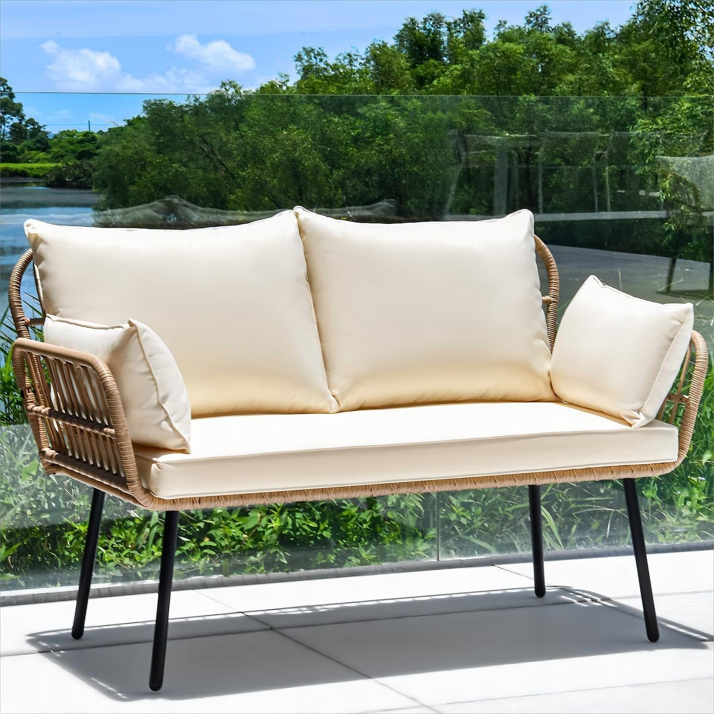 Stylish All-Weather Wicker Love Seat Sofa with Cushions