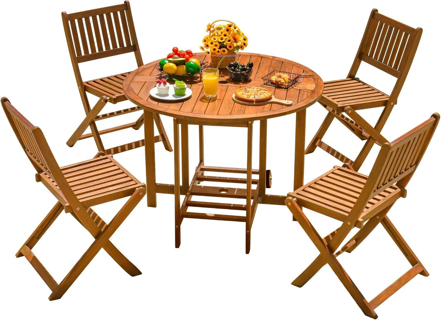 Acacia Wood Patio Dining Set with Folding Chairs