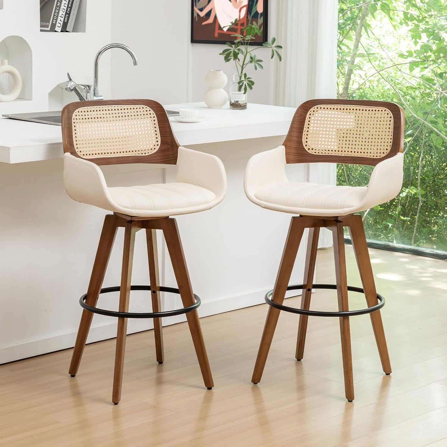 Rattan Swivel Bar Stools, Counter Height Bar Stools with Cane Back, Upholstered Seat, Faux Leather Upholstered Furniture for Island/Counter (Beige, 26.5&quot;-2 PCS)