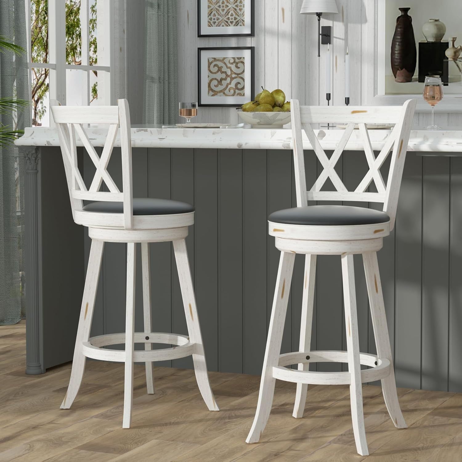 29&quot; Bar Height Swivel Stools - High Back Swivel Barstools with Upholstered Seat &amp; Solid Wood Footrest, Counter Bar Chairs for Kitchen Island &amp; Pub (Antique White, Set of 2)