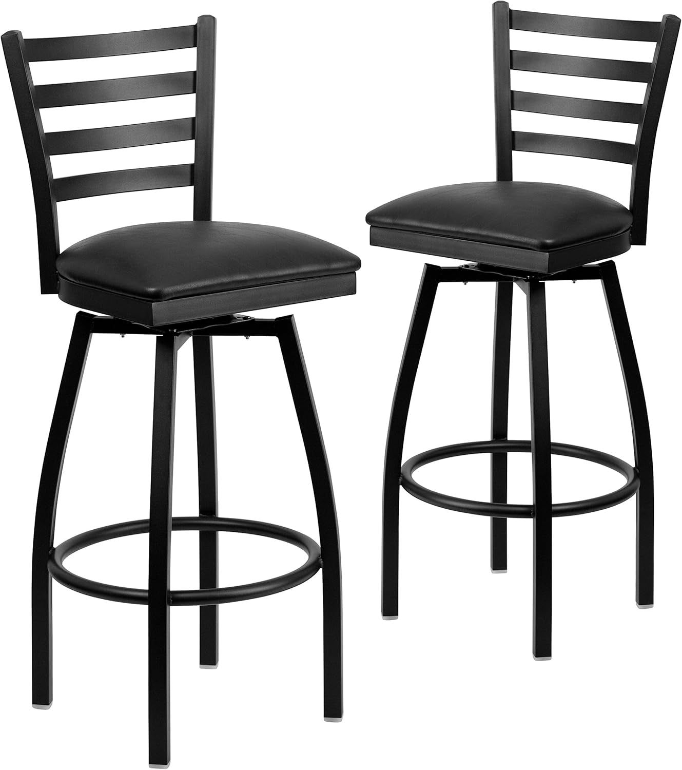 2 Pack HERCULES Series Black Ladder Back Swivel Metal Barstool - Black Vinyl Seat