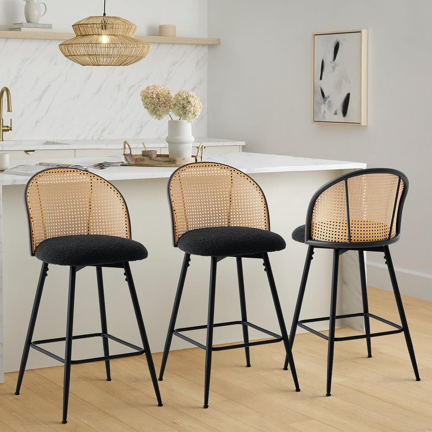 Swivel Counter Height Bar Stools Set of 3, Mid Century Modern 26&quot; Bar Chairs with Rattan Back &amp; Metal Legs, Upholstered Boucle Fabric Barstools Island Stools for Kitchen Counter Home Bar,Black