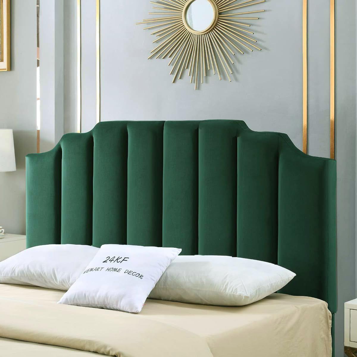 Jade Velvet Tufted Queen Headboard with Curved Design