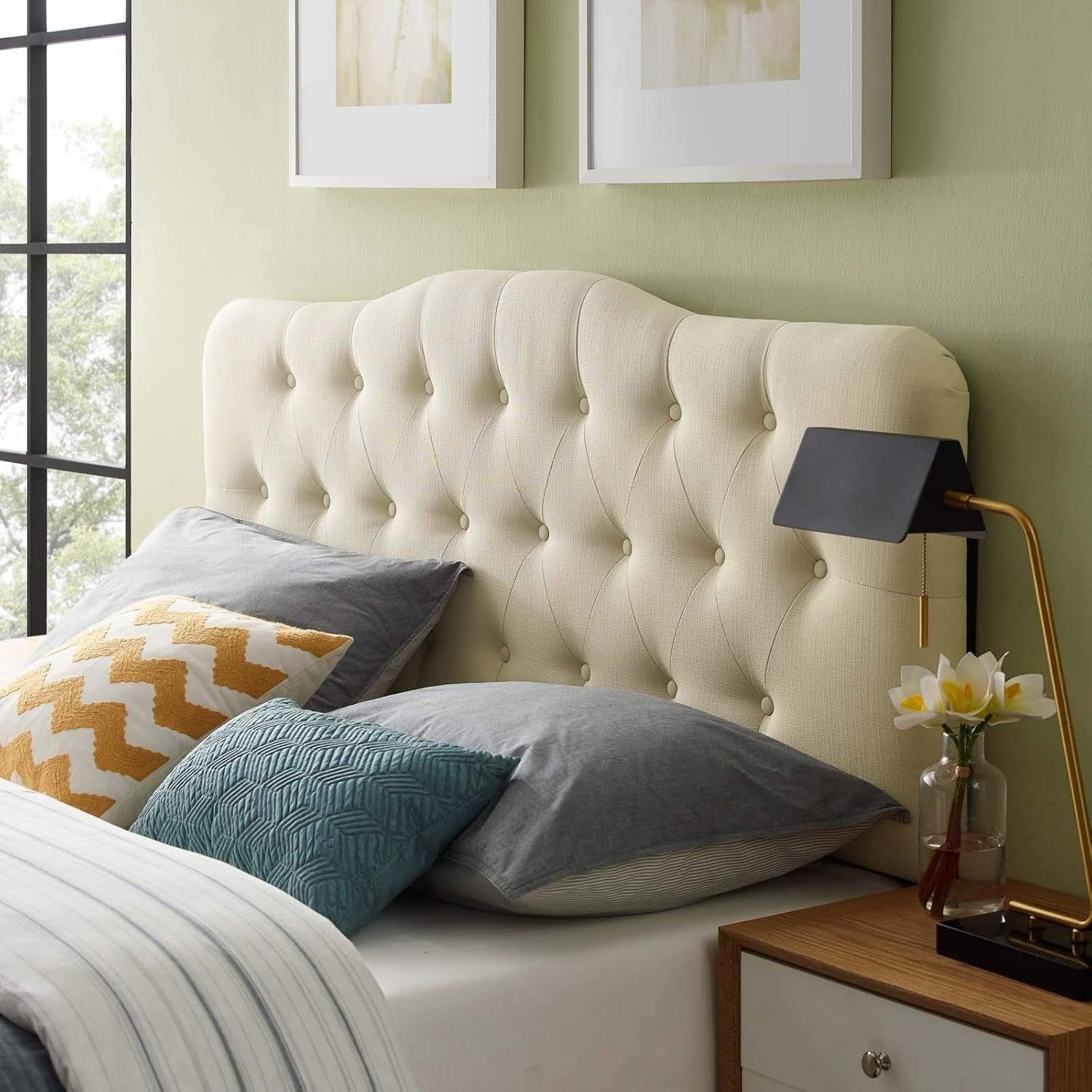 Chic Tufted Linen Queen Headboard in Elegant Ivory