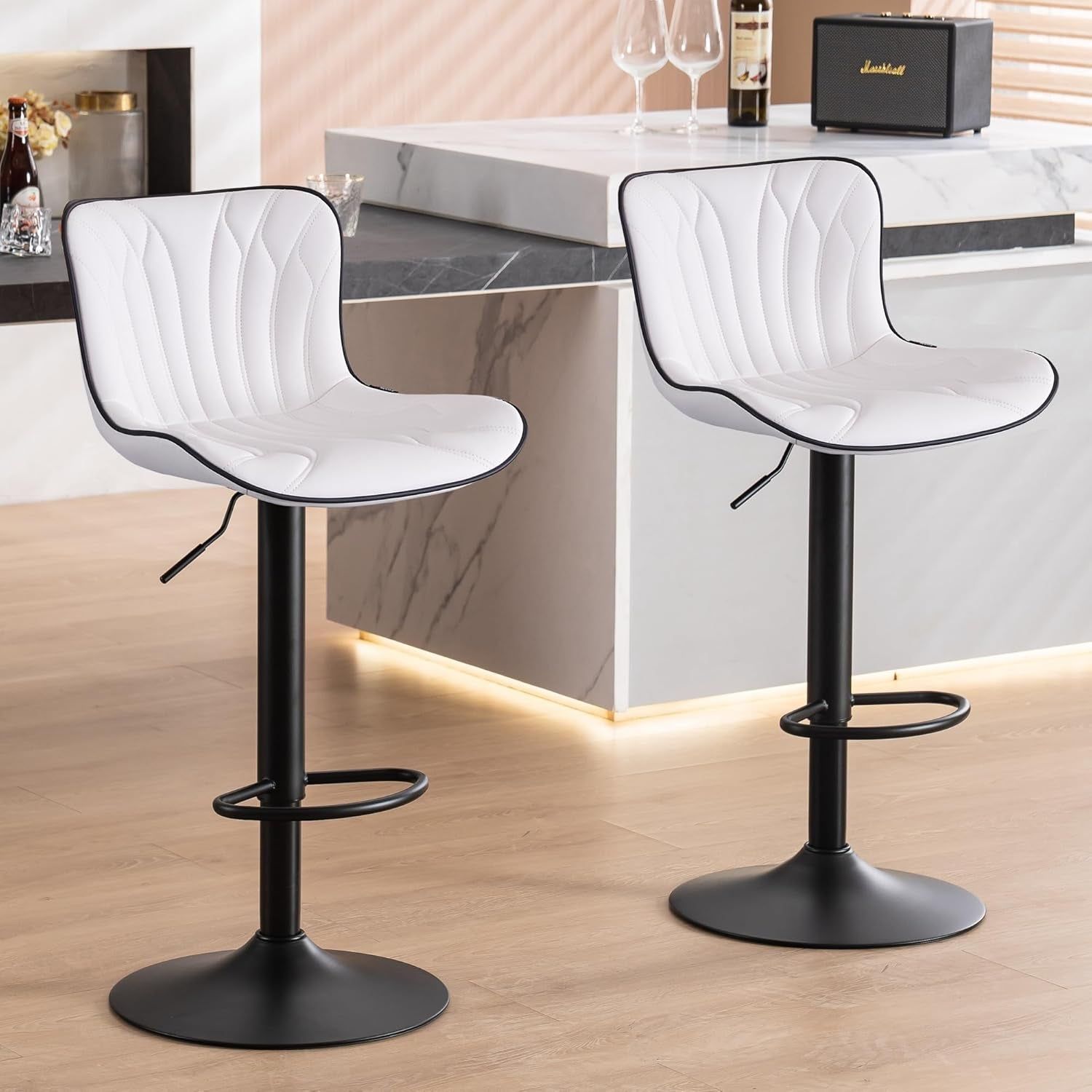White Bar Stools Set of 2 Modern Kitchen Counter Height Bar Chair with Back Swivel Adjustable Faux Leather Upholstered Barstools for Breakfast Island Tall 300LBS