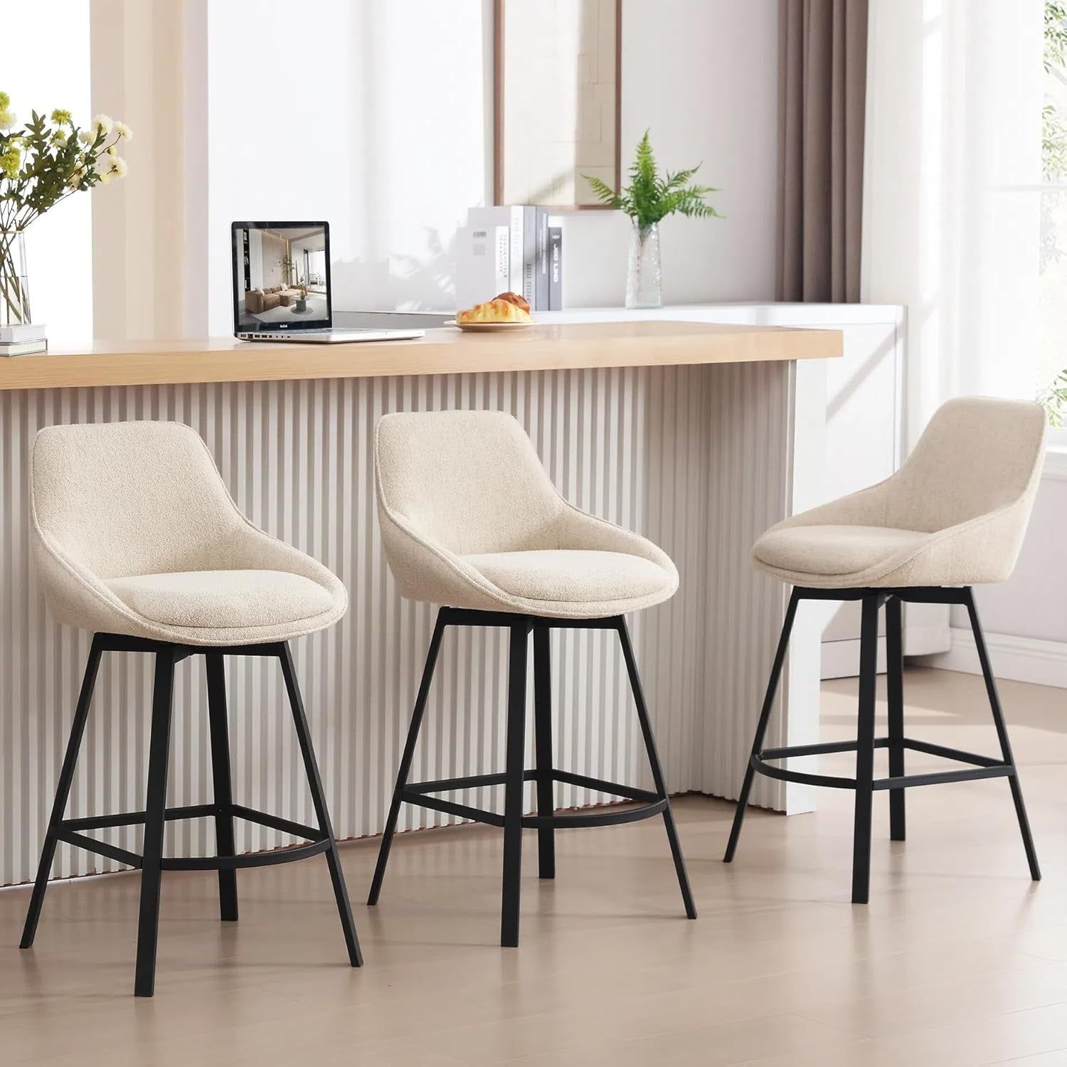 Swivel Bar Stools Set of 3, Modern Counter Height Barstools with Backs, 26&#39;&#39; Upholstered Linen Fabric High Chairs for Island Kitchen, Counter Height Chairs with Metal Legs, Beige