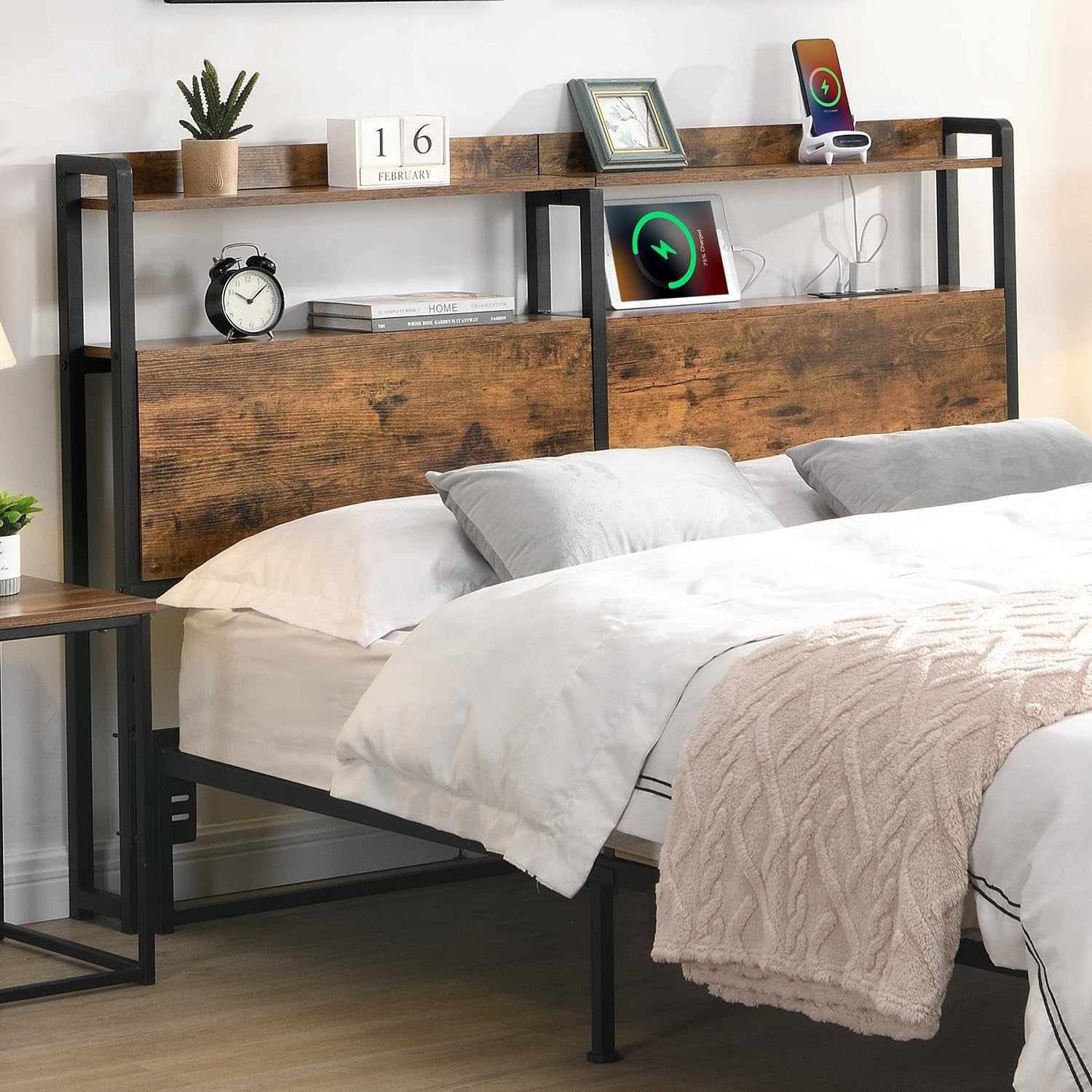 Queen Size Headboard with Storage and Charging Station