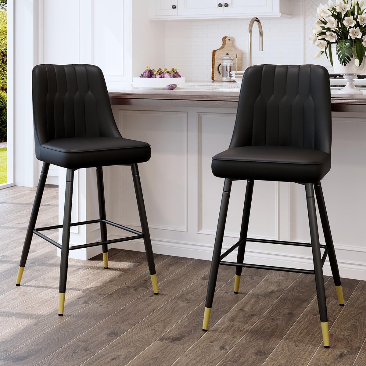 Bar Stools Set of 2,Counter Height Bar Stools with Back,Modern Faux Leather Kitchen Stools,27&quot;Black Barstools with Stable Metal Leg,Armless Counter Height Chair for Kitchen Island,Coffee Corner
