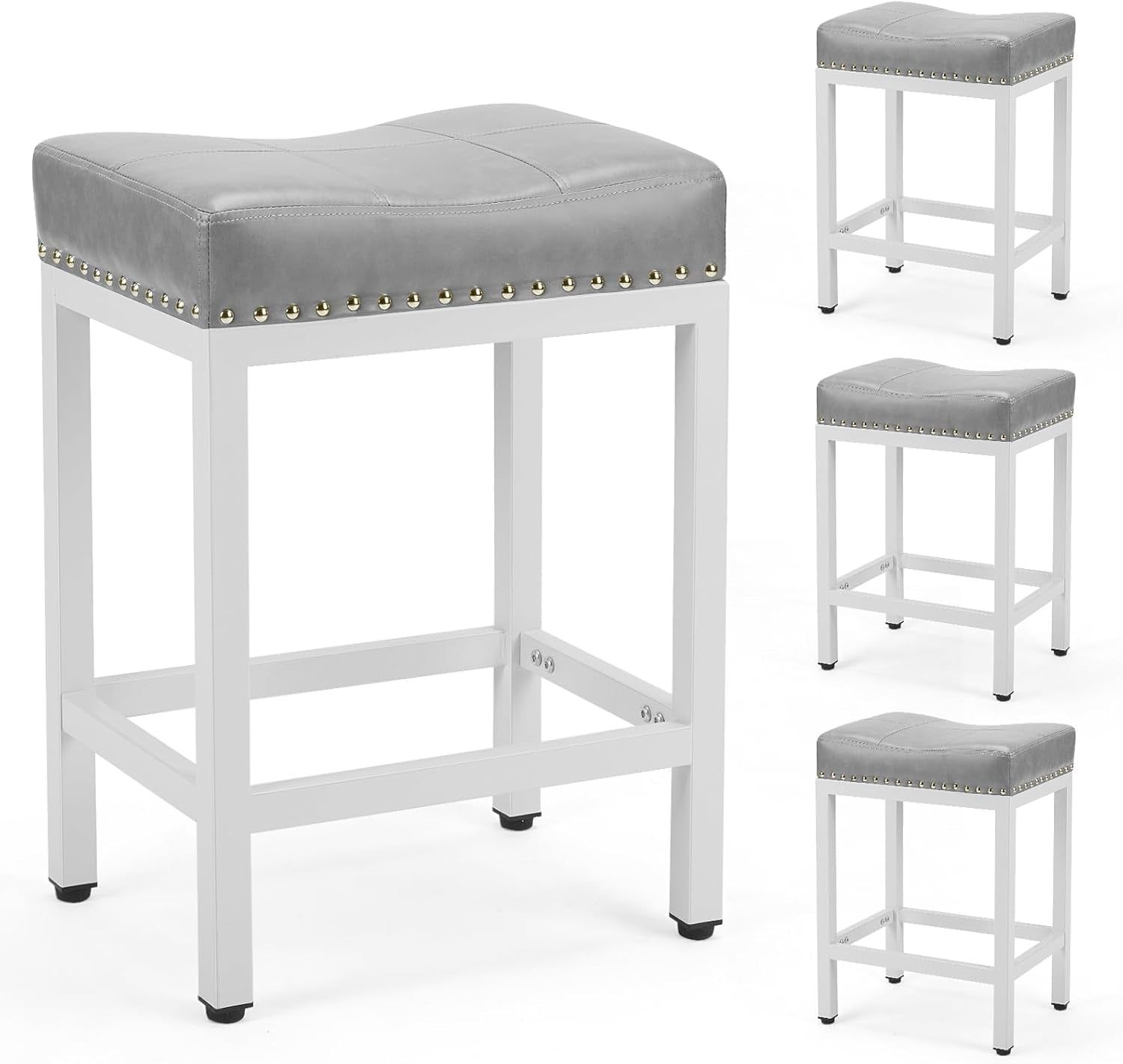 Set of Four 24 Inch Grey PU Leather Bar Stools
