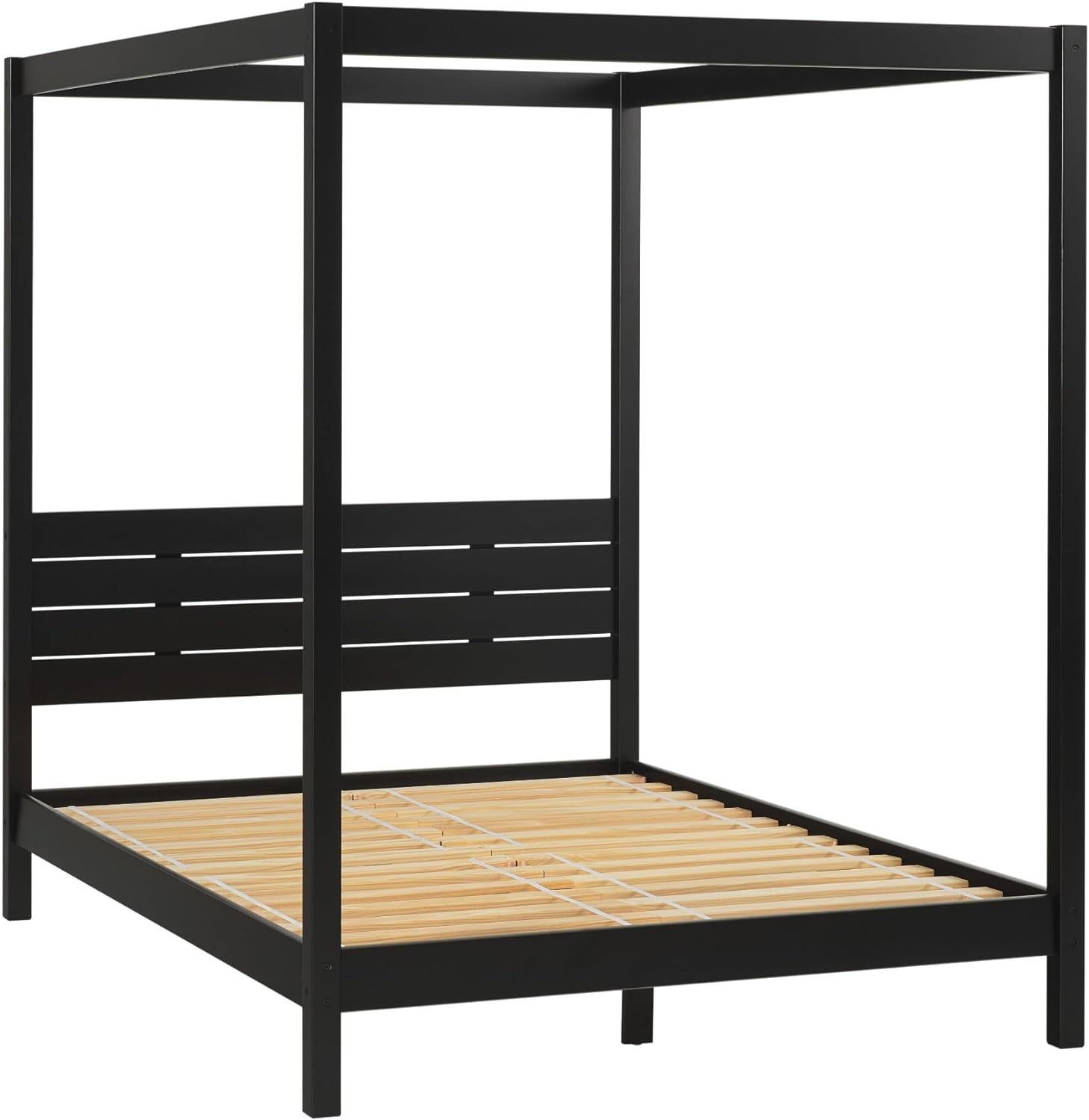 Modern Black Queen Canopy Bedframe with Slatted Headboard