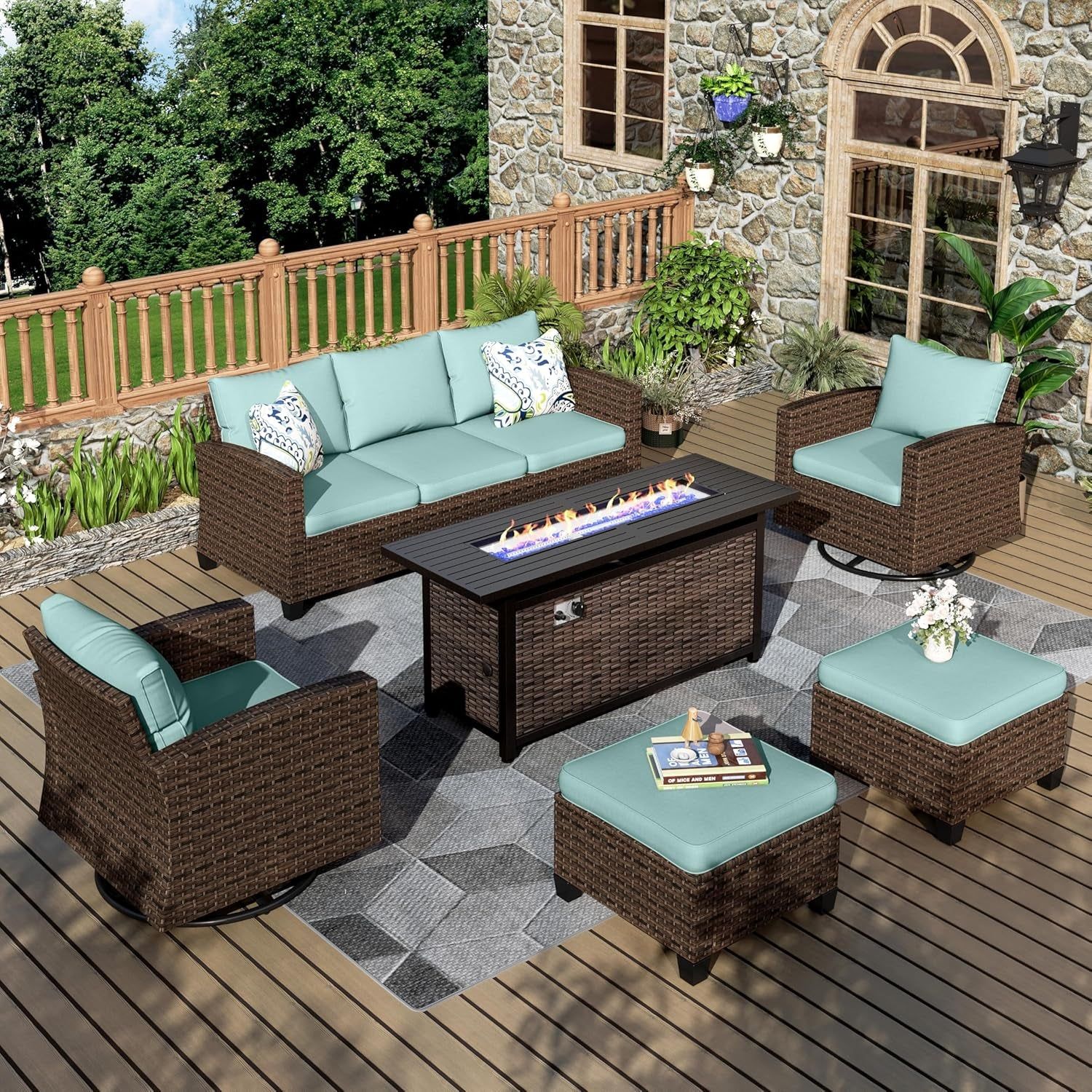 Outdoor Swivel Glider Patio Furniture Set with Fire Pit