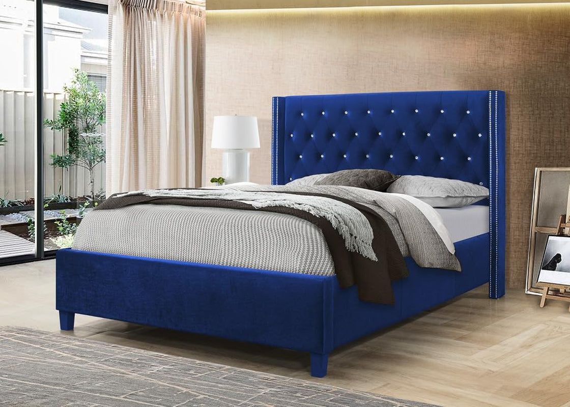 King Size Velvet Upholstered Wingback Headboard Bed