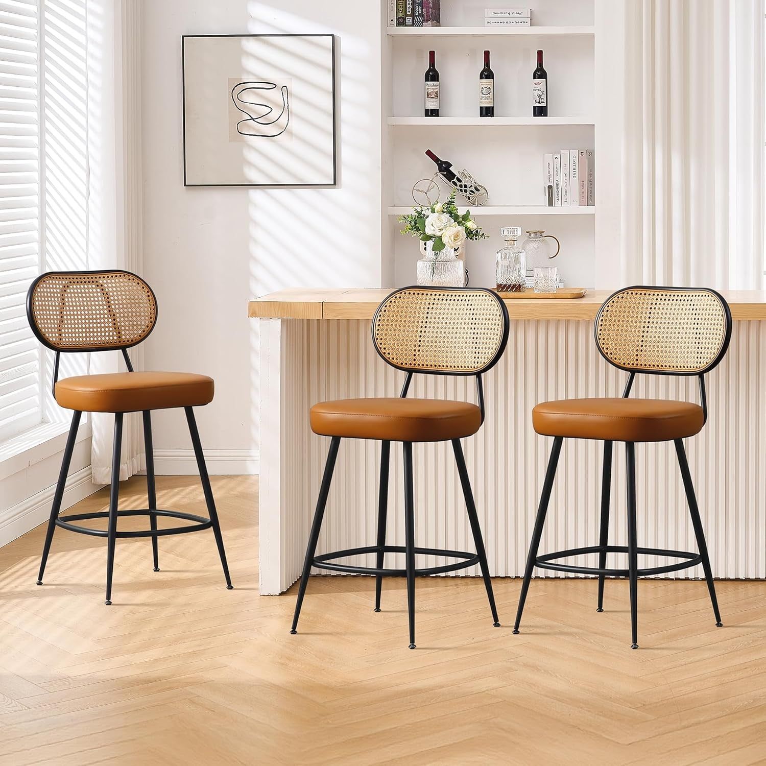 Bar Stools Set of 3, 26&quot; Counter Height Barstools with Rattan Back and Metal Legs, Upholstered Faux Leather Bar Chairs for Kitchen Island, Home Bar, Brown