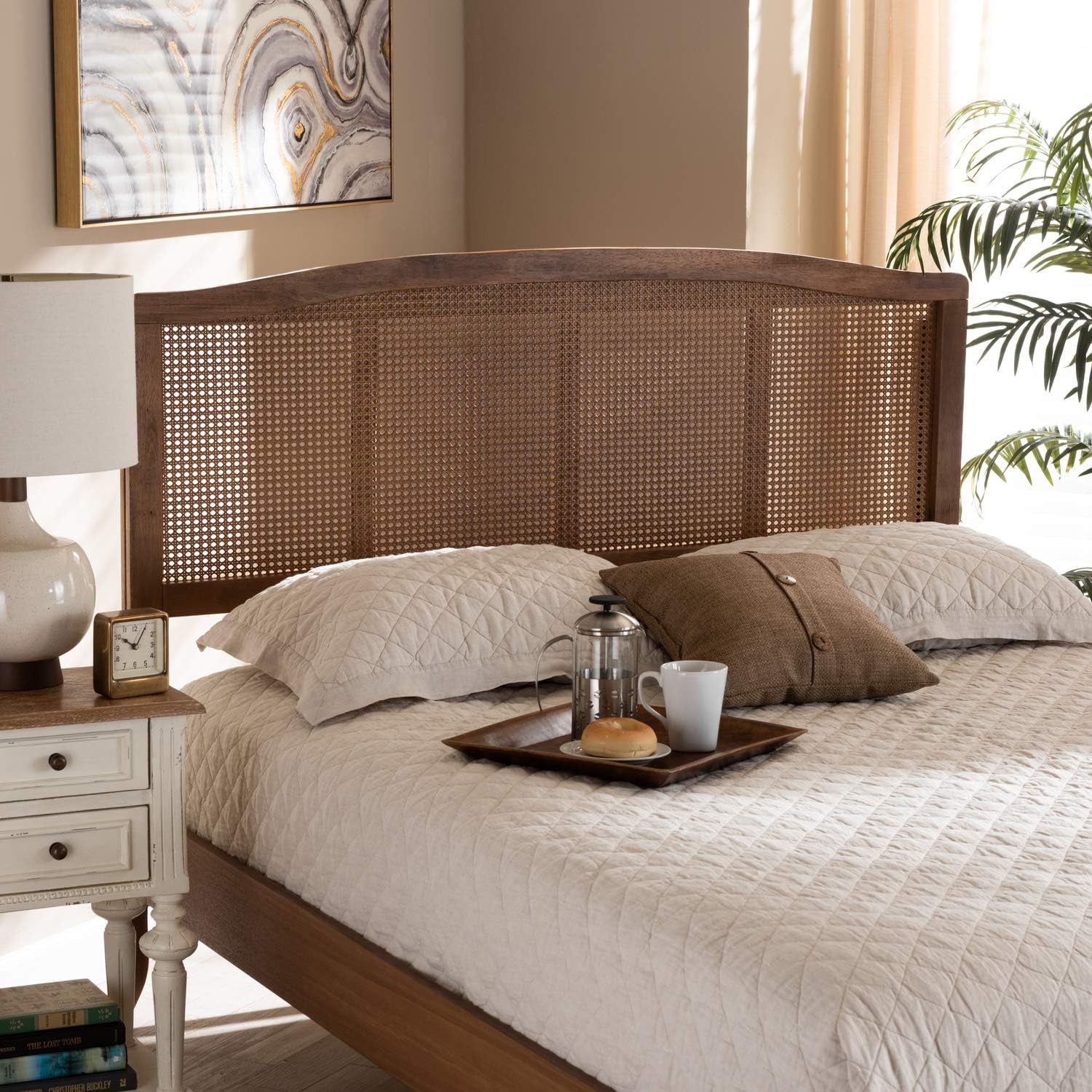 Mid-Century Modern Queen Size Wood and Rattan Headboard