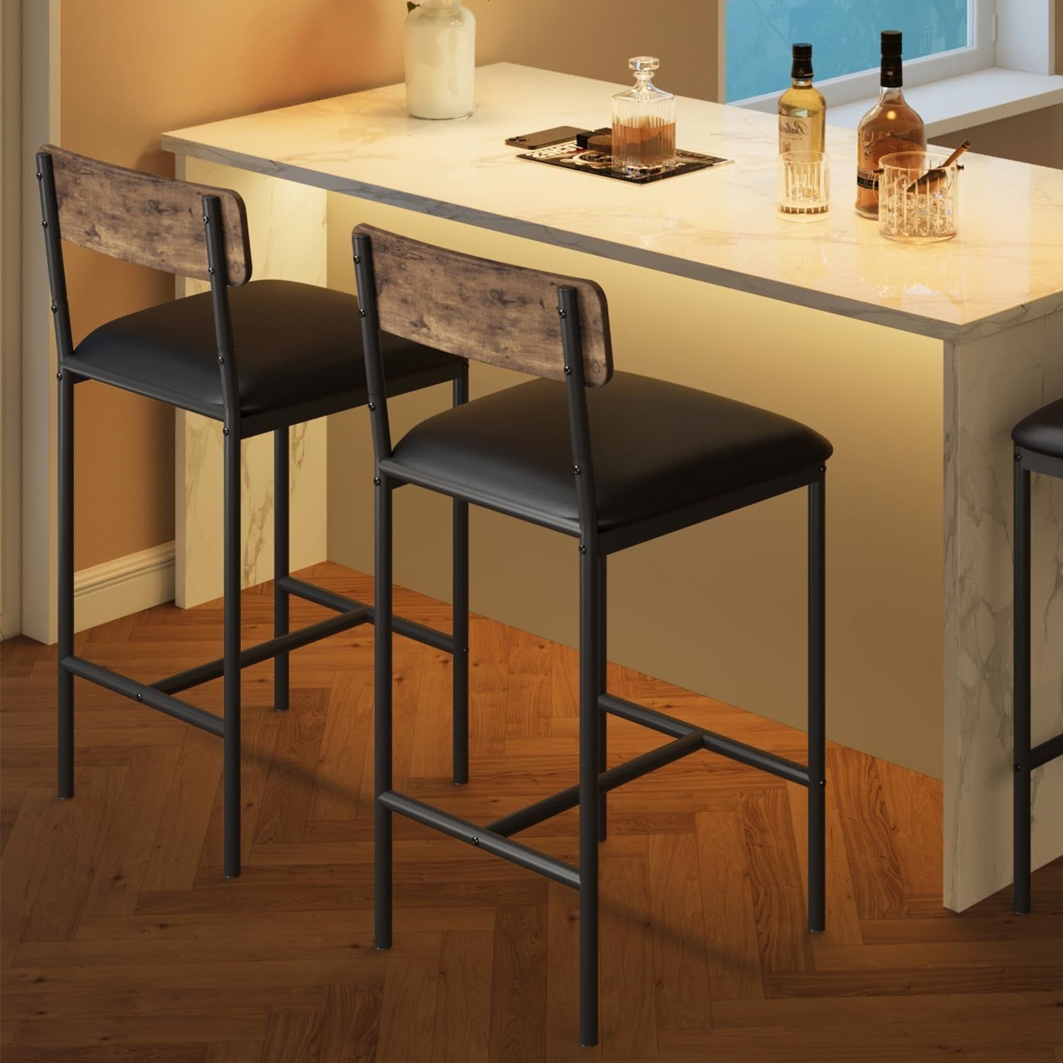 Upholstered Bar Stools Set of Two with Backrest