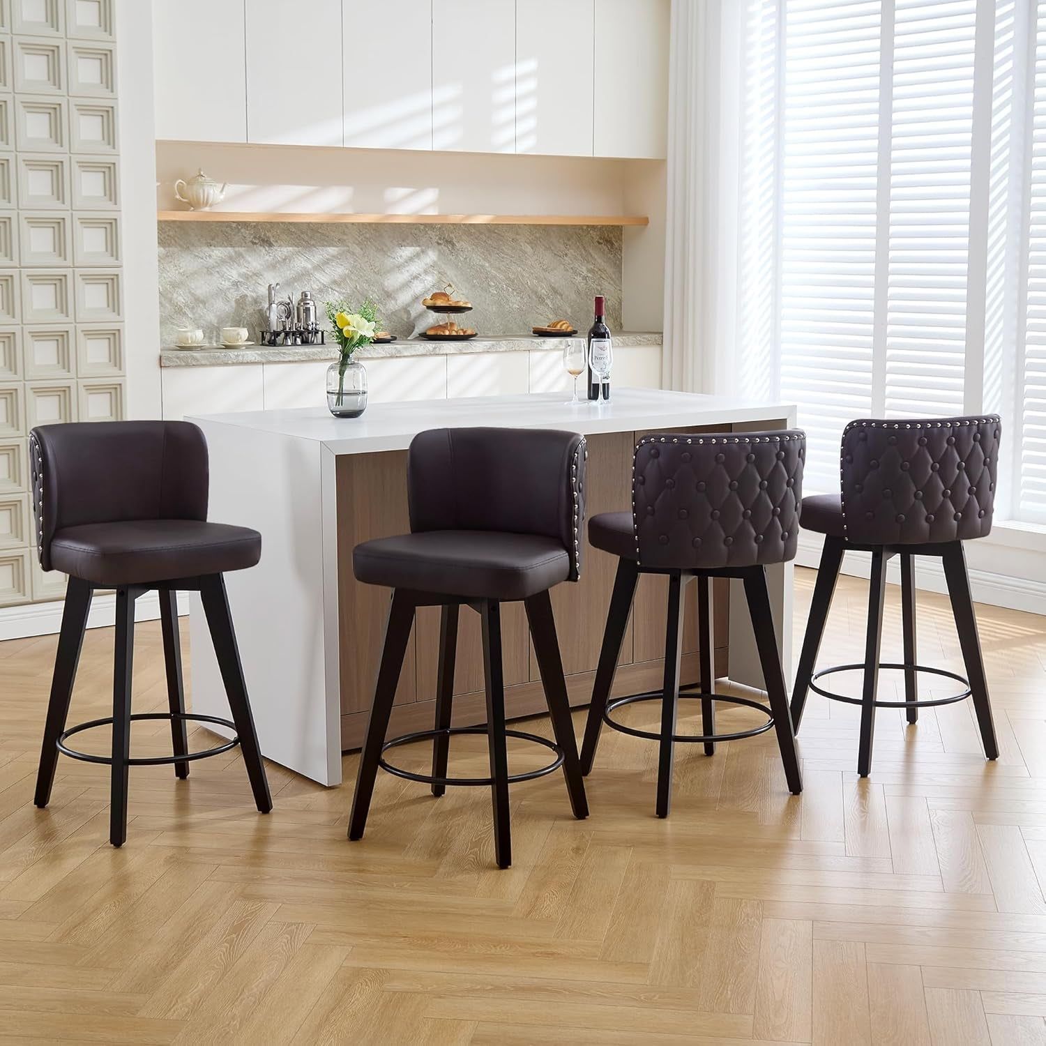 Swivel Bar Stool Set of 4, Faux Leather Low Back Counter Height Bar Stools, 27.5&quot; Upholstered Tufted Counter Barstools with Wood Legs for Kitchen Island, Home Bar (Brown)