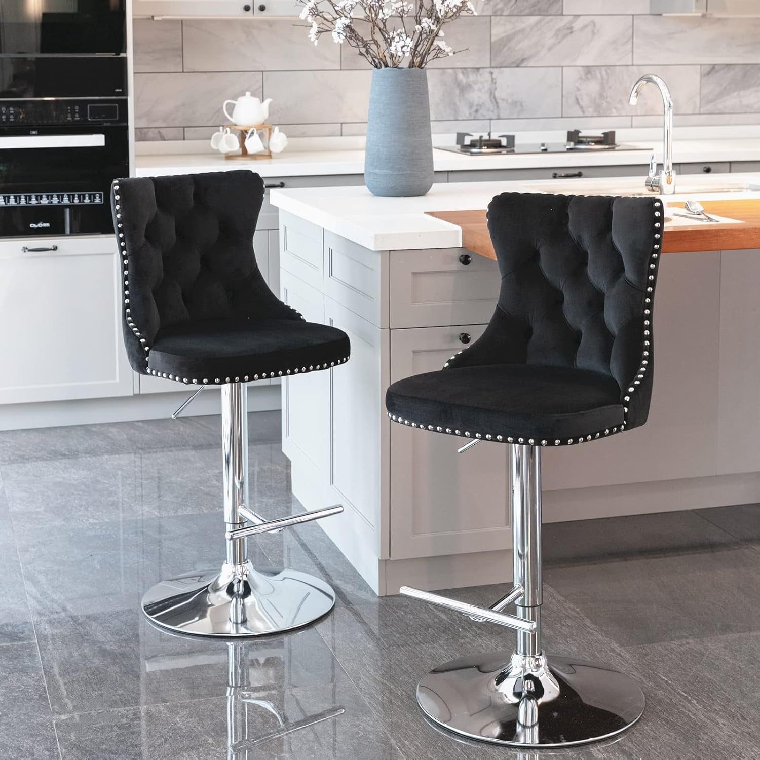 Swivel Bar Stools Set of 2, Adjustable Counter Height Barstools with Nailheads Trim, Button Tufted Back and Silver Footrest, Velvet Bar Chairs for Dining Room Home Bar Kitchen Island, Black