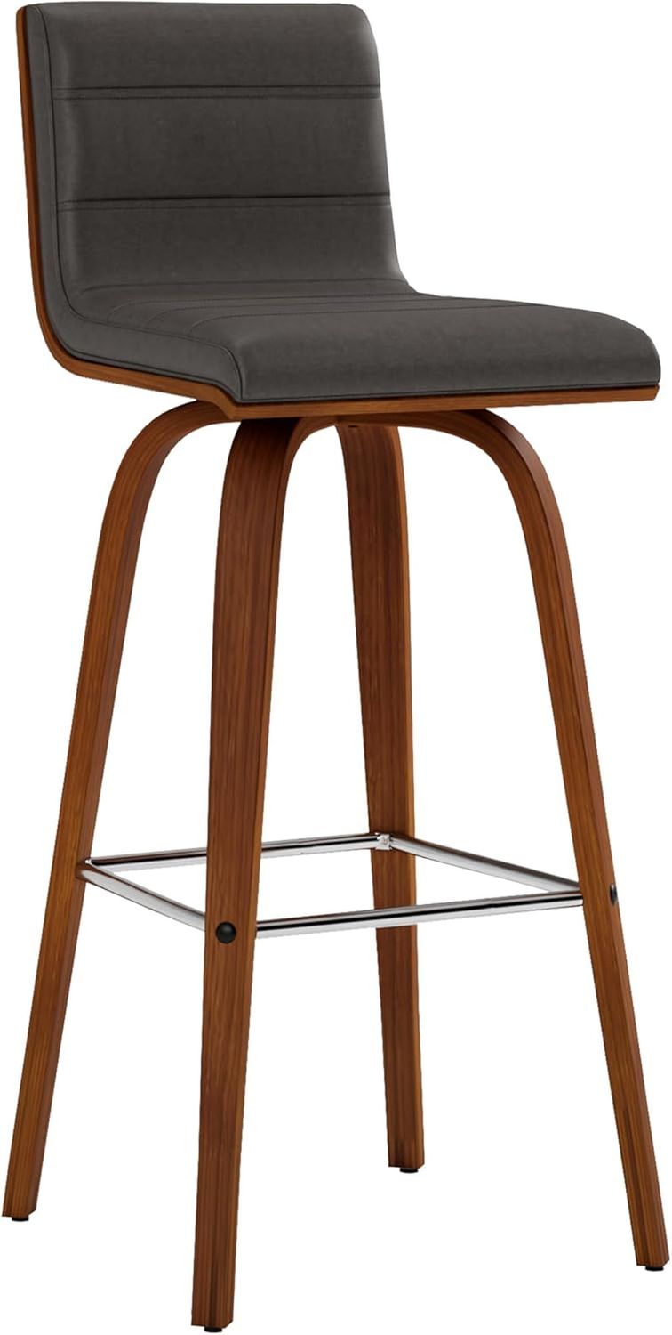 Mid-Century Modern Barstool Grey Faux Leather Wood Finish