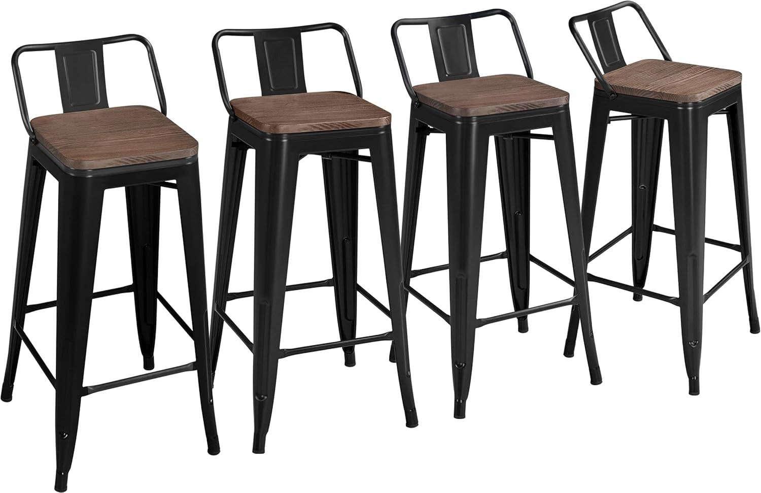 30&quot; Metal Barstools Set of 4 Bar Height Bar Stools with Wooden Top Low Back Industrial Bar Stools Metal Stool for Indoor-Outdoor Counter Stools with Wooden Seat Matte Black