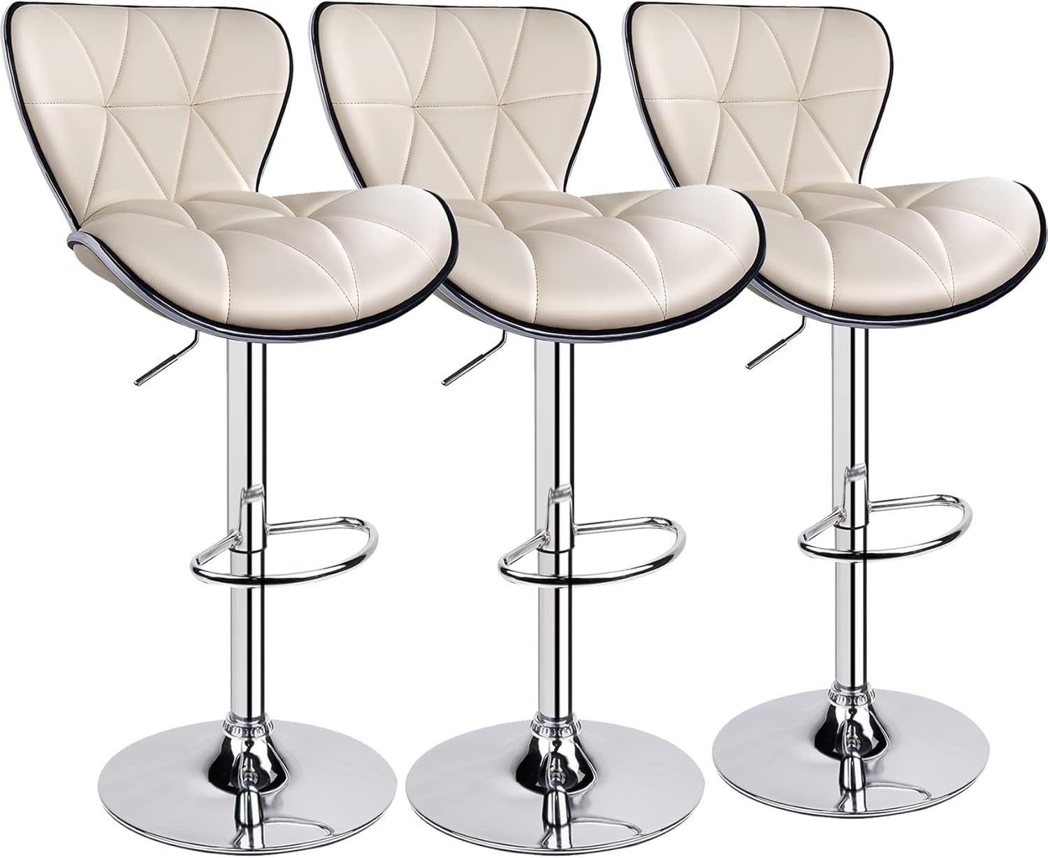 Shell Back Adjustable Swivel Bar Stools, PU Leather Padded with Back, Set of 3 (Beige)