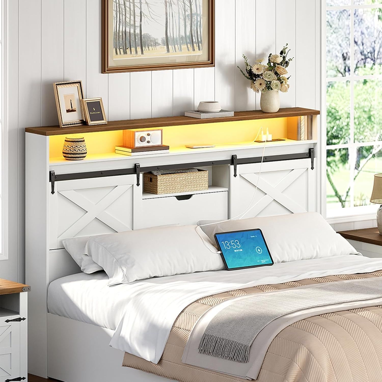 Farmhouse Queen Headboard with Storage and Charging Station