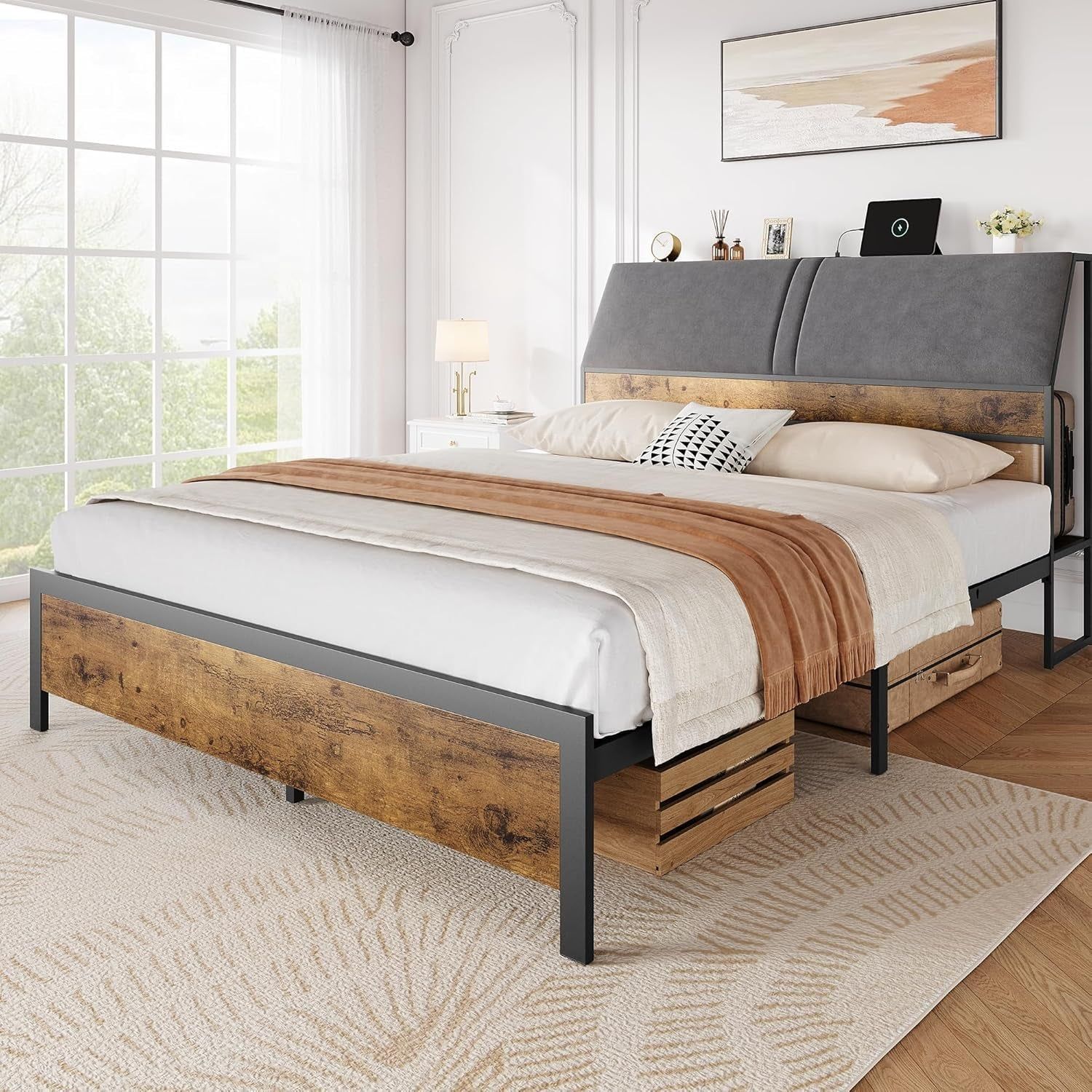 Ergonomic Queen Bed Frame with Padded Headboard and Storage