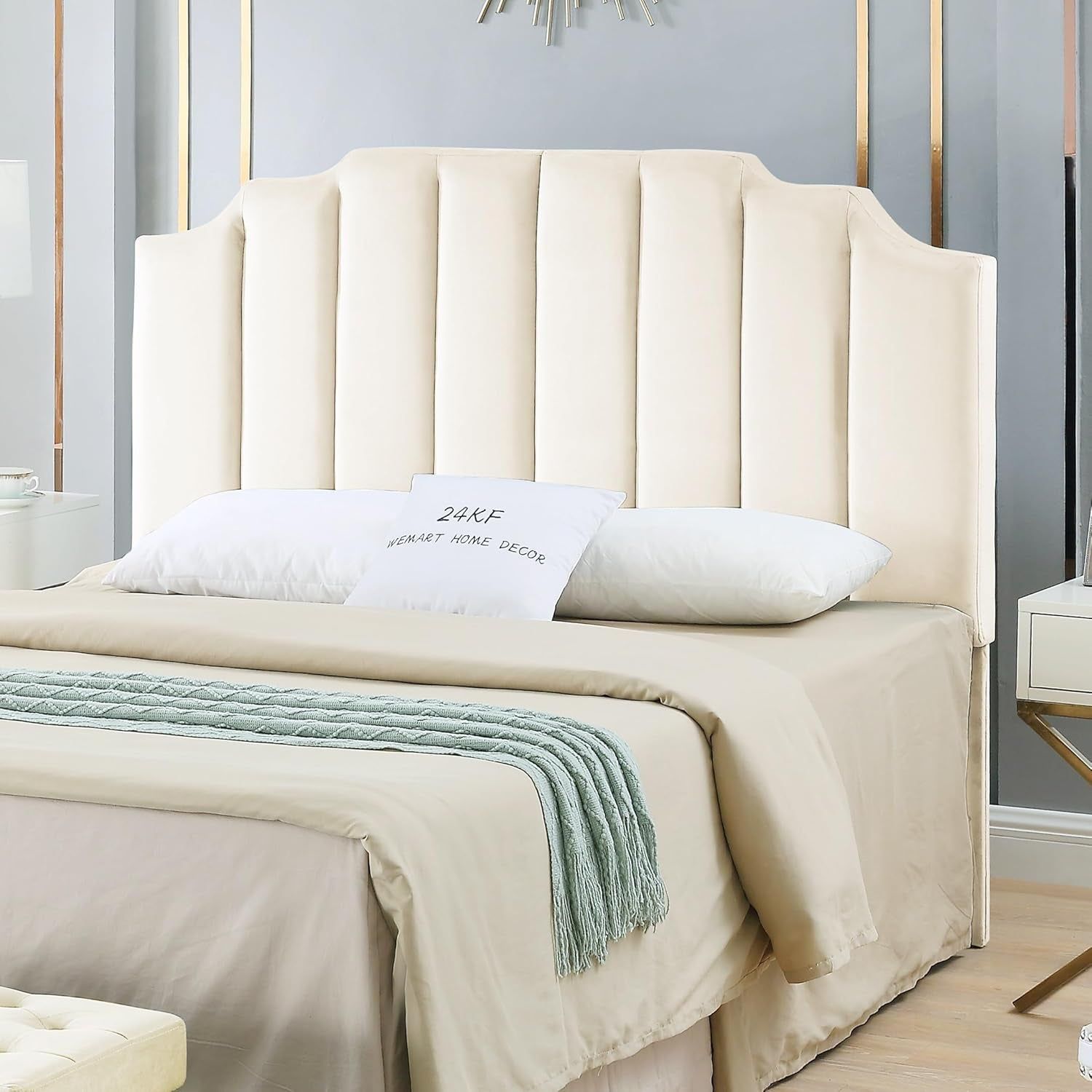 Cream Velvet Tufted Queen Headboard with Modern Design