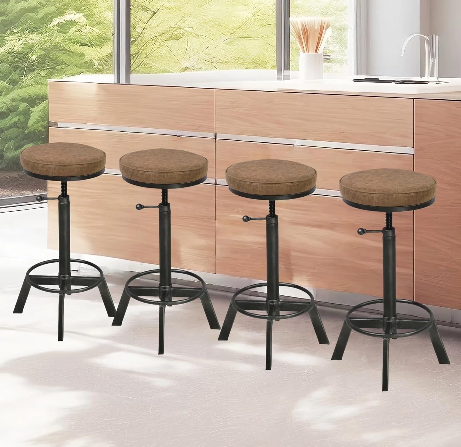 Industrial Vintage Bar Stool, Leather Seat Counter Stool, Height Adjustable 23.6-29.5Inch Kitchen Dining Breakfast Chair, Metal Stool Set of 4