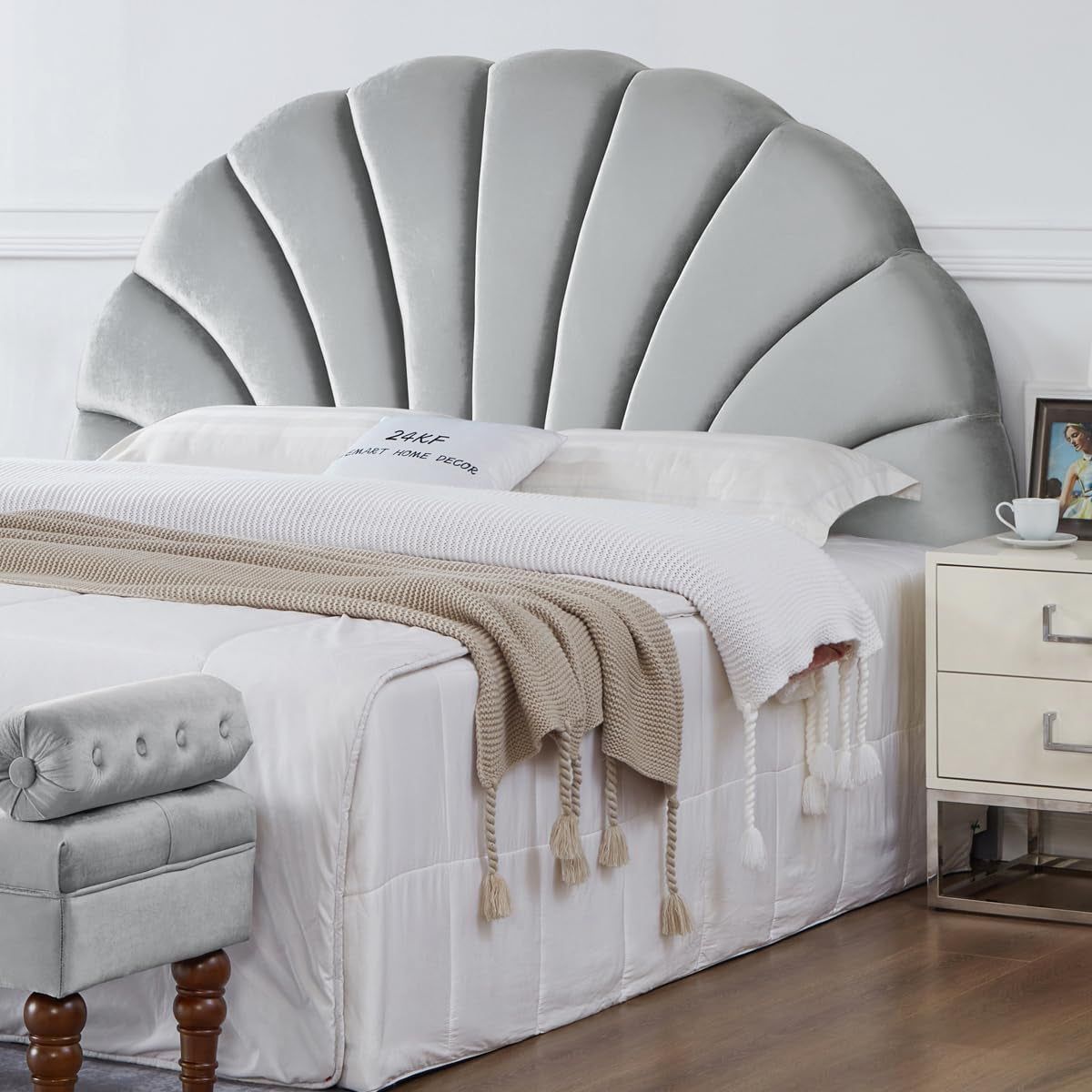 Elegant Crown Design Soft Velvet King Headboard Gray