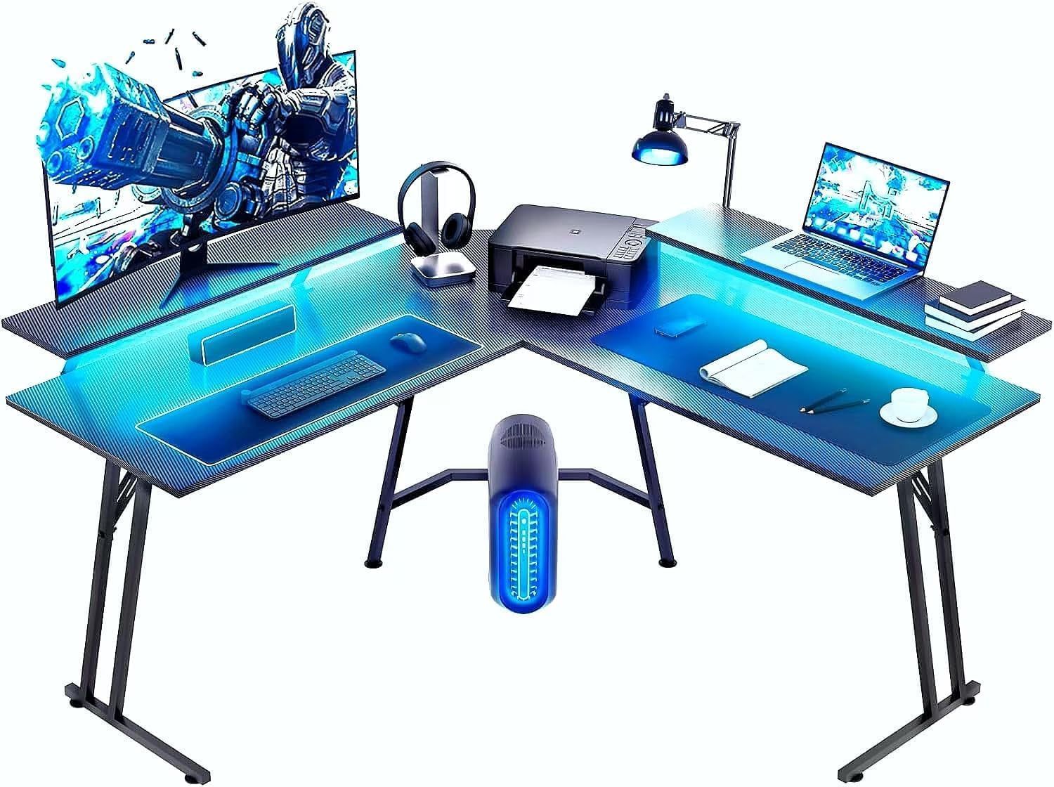 51 Inch L Shaped Gaming Desk with Monitor Stand and LED Lights, Corner Computer Desk with Carbon Fiber Surface, PC Gaming Table for Home Office Writing Workstation, Easy to Install, Black