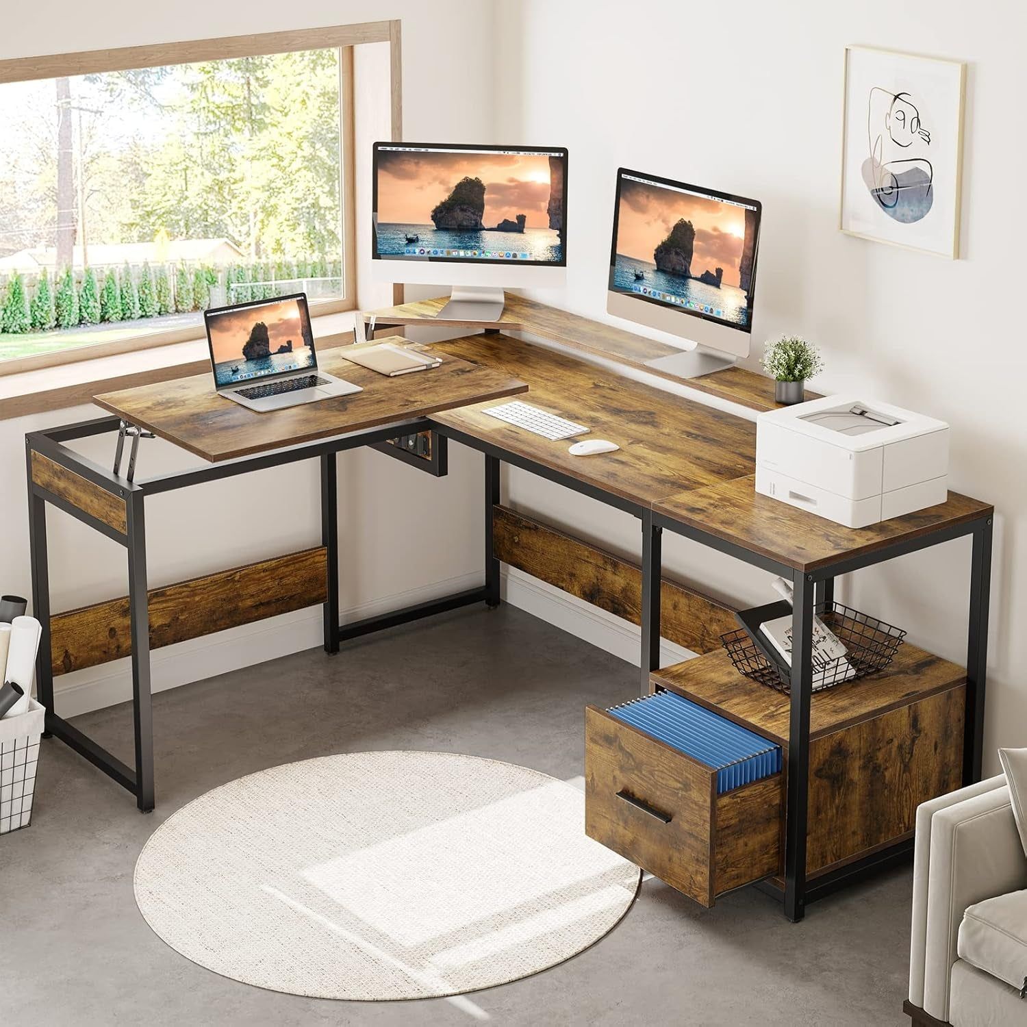 L Shaped Standing Desk with Lift Top and Storage