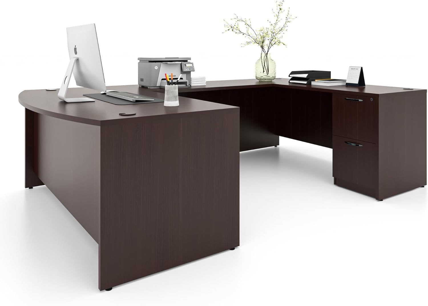 67&#39;&#39; U Shaped Bow Front Executive Desk with 2 Storage File Cabinets