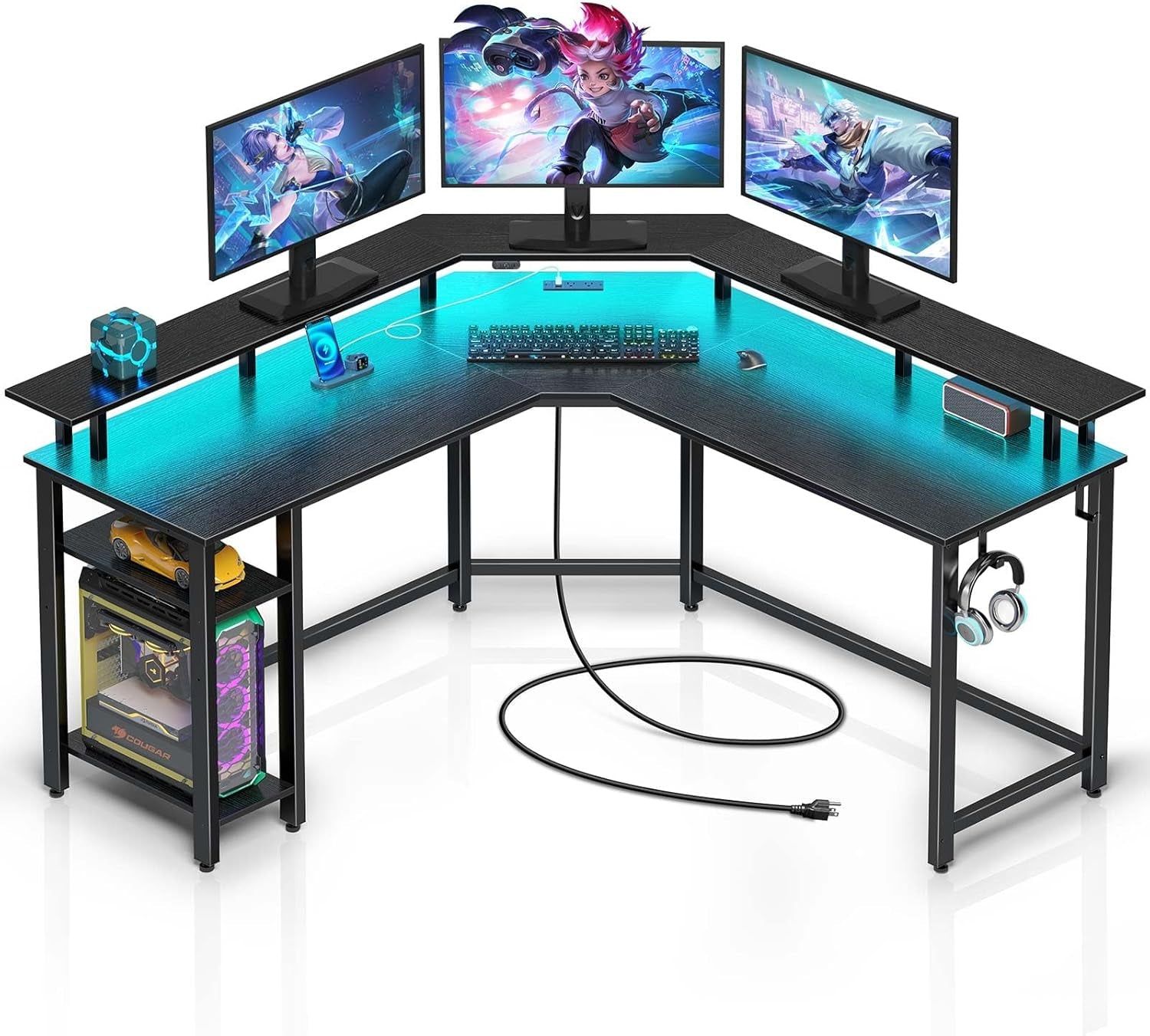 L Shaped Gaming Desk with LED Lights &amp; Power Outlets, 53&quot; Computer Desk with Full Monitor Stand &amp; Storage Shelf, Corner Desk with Hooks, Black Desk Reversible
