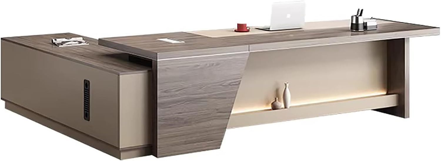 Modern Wood L-Shape Executive Desk with Storage,Spacious Work Table with Right Cabinet,Home Office Desk(86.6 * 31.5 * 29.5In, Beige)