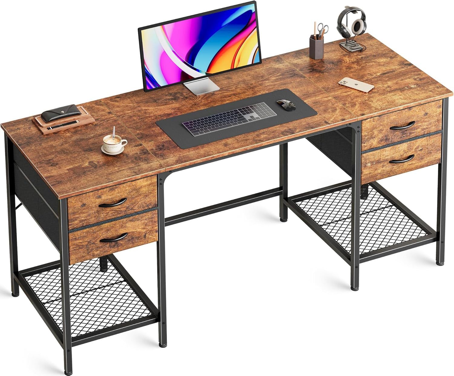 55 Inch Computer Desk with 4 Drawers, Office Desk with Mesh Shelf, Gaming Desk, Large Storage, Writing Desk Work Desk for Home Office, Study, Bedroom, Work from Home, Rustic Brown