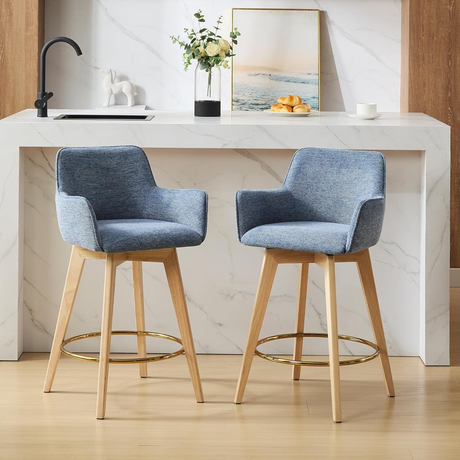 Bar Stools Set of 2, Counter Height Island Chairs with Back, Arms, Metal Footrest and Solid Wood Legs, 26&quot; Modern Swivel Barstools, Upholstered Tall Stool for Kitchen/Dining Room/Pub, Blue