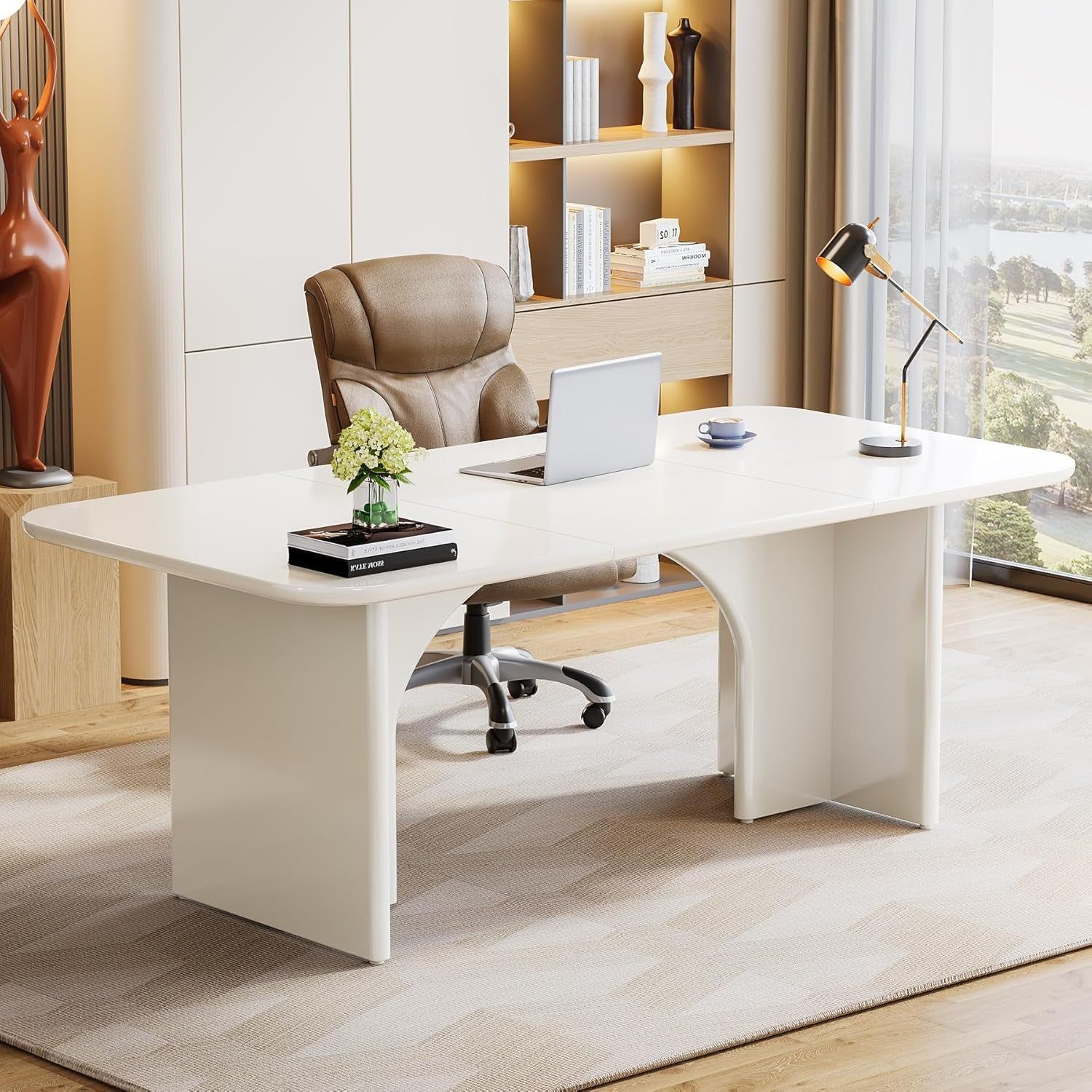 Large Minimalist White Computer Desk with Ample Legroom