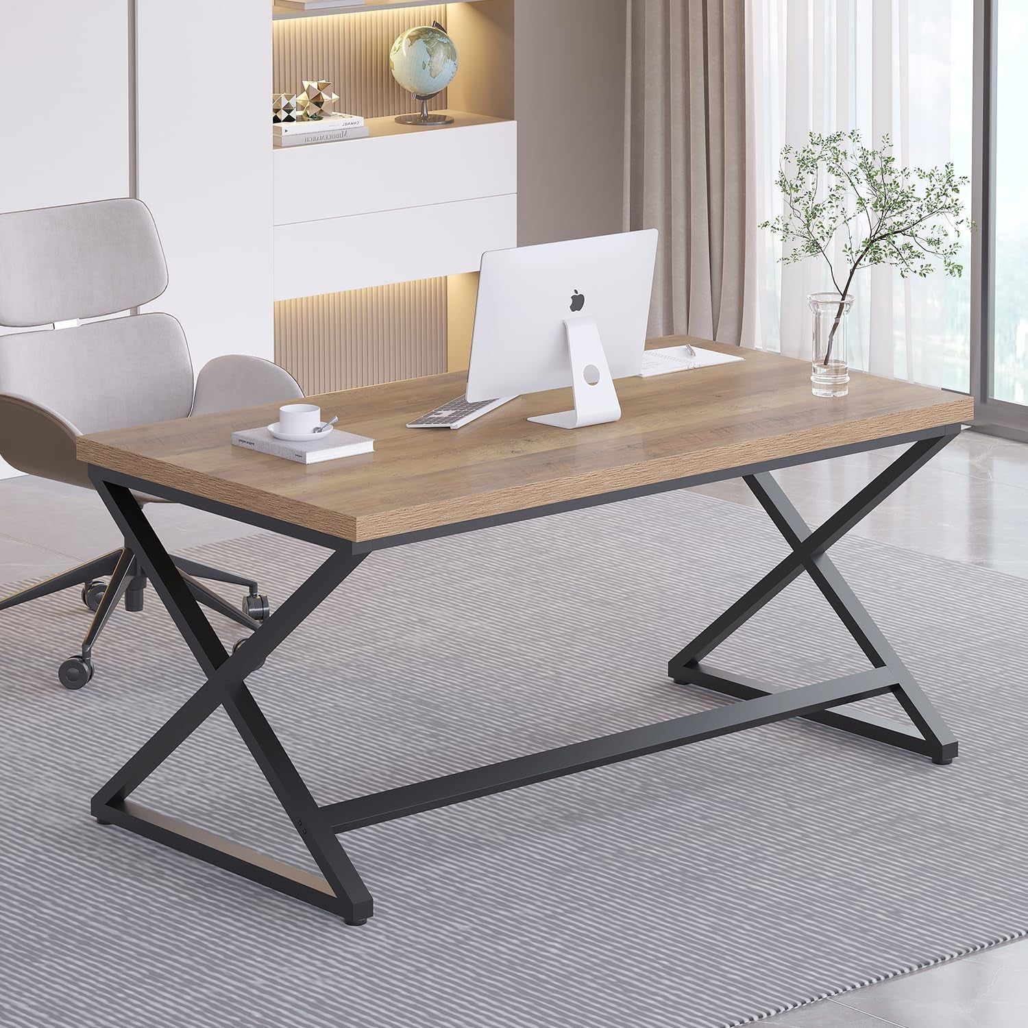 Rustic Computer Desk, Modern Metal Home Office Desk, Farmhouse Work Study Writing Desk in Bedroom, Minimalist Wood Laptop Executive Workstation Computer PC Gaming Table, Rustic Oak, 55 In