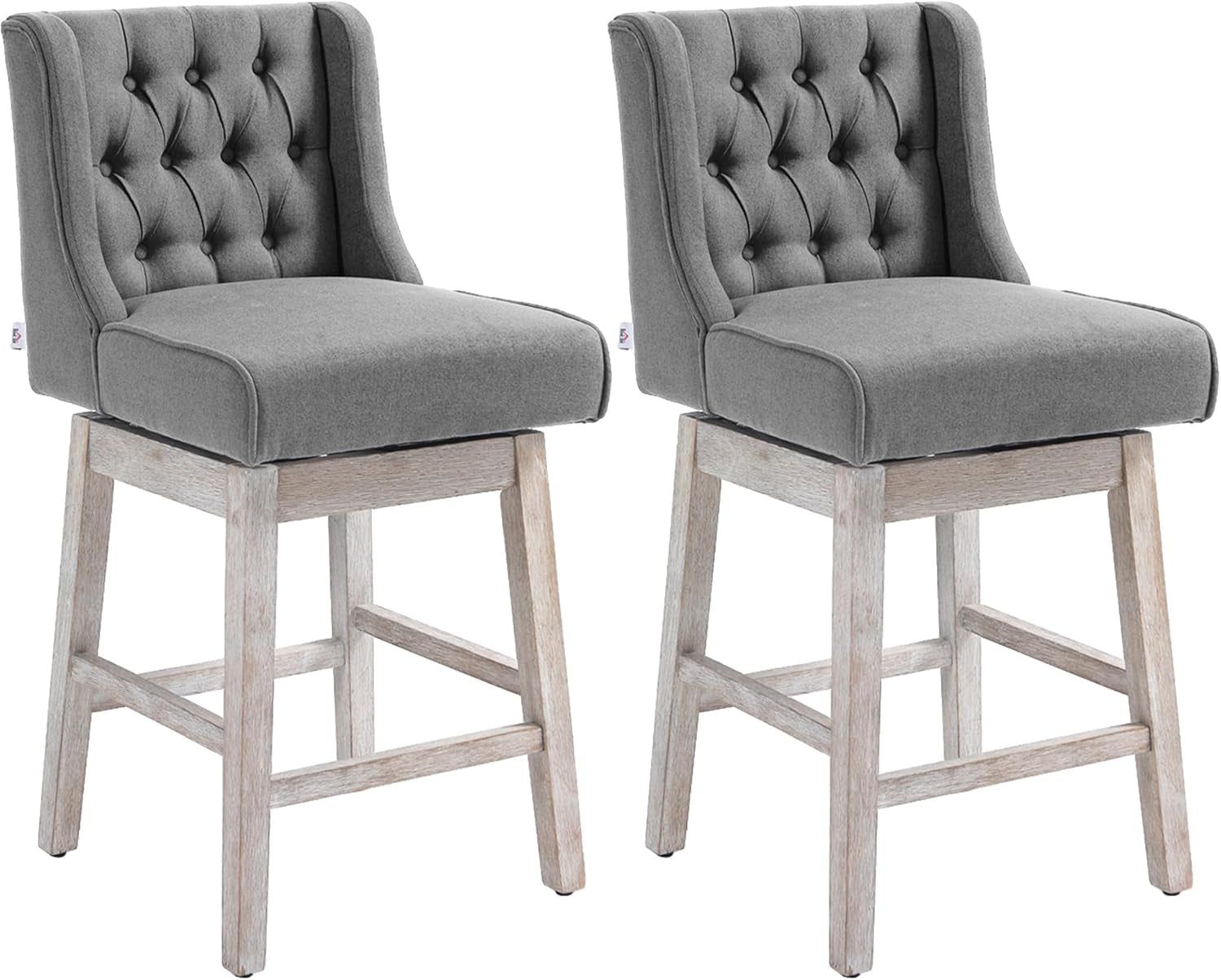 Counter Height Bar Stools Set of 2, 180 Degree Swivel Barstools, 27&quot; Seat Height Bar Chairs with Solid Wood Footrests and Button Tufted Design, Gray