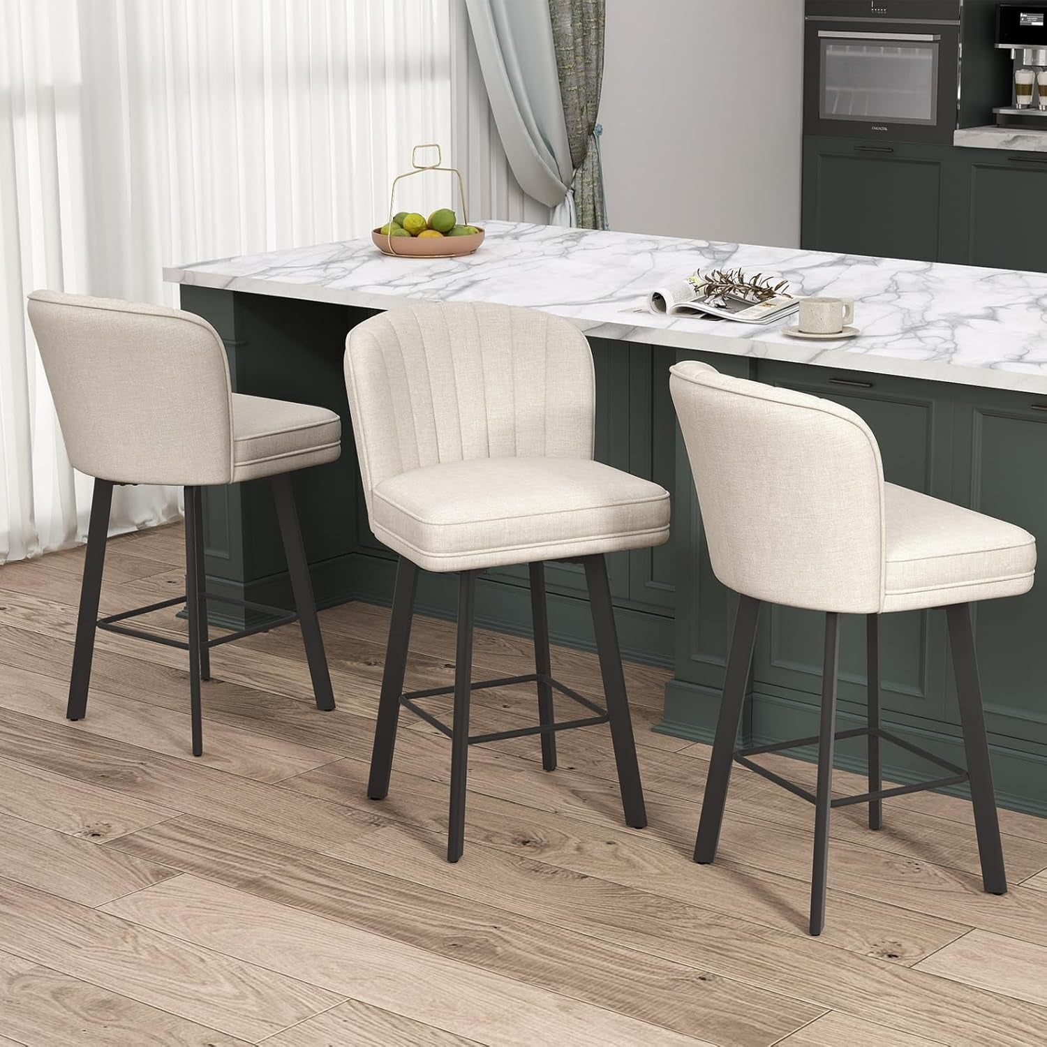 Swivel Counter Height Bar Stools Set of 3, 26&#39;&#39; Modern Barstools with Backs and Metal Legs, Upholstered Bar Chairs, Beige, Fabric Stools for Kitchen Island Chairs
