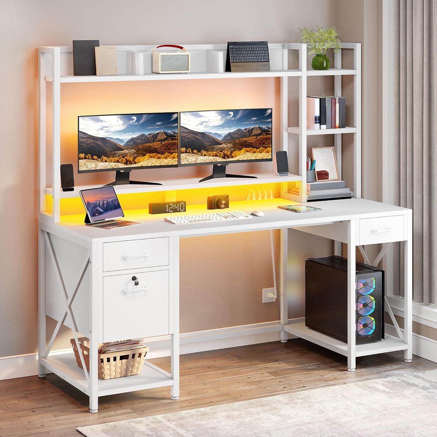 White Office Desk With Drawers LED Lights And Outlets