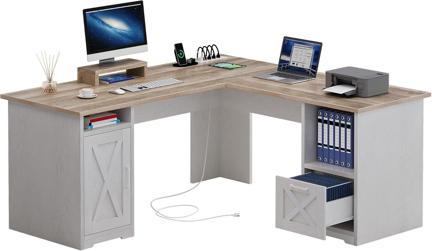 L Shaped Desk with Power Outlets, 60 Inch Computer Desk Corner Desk with File Drawer, Home Office Desk with Monitor Stand &amp; Storage Shelves, L-Shaped Desk with File Cabinet, Grey Wash