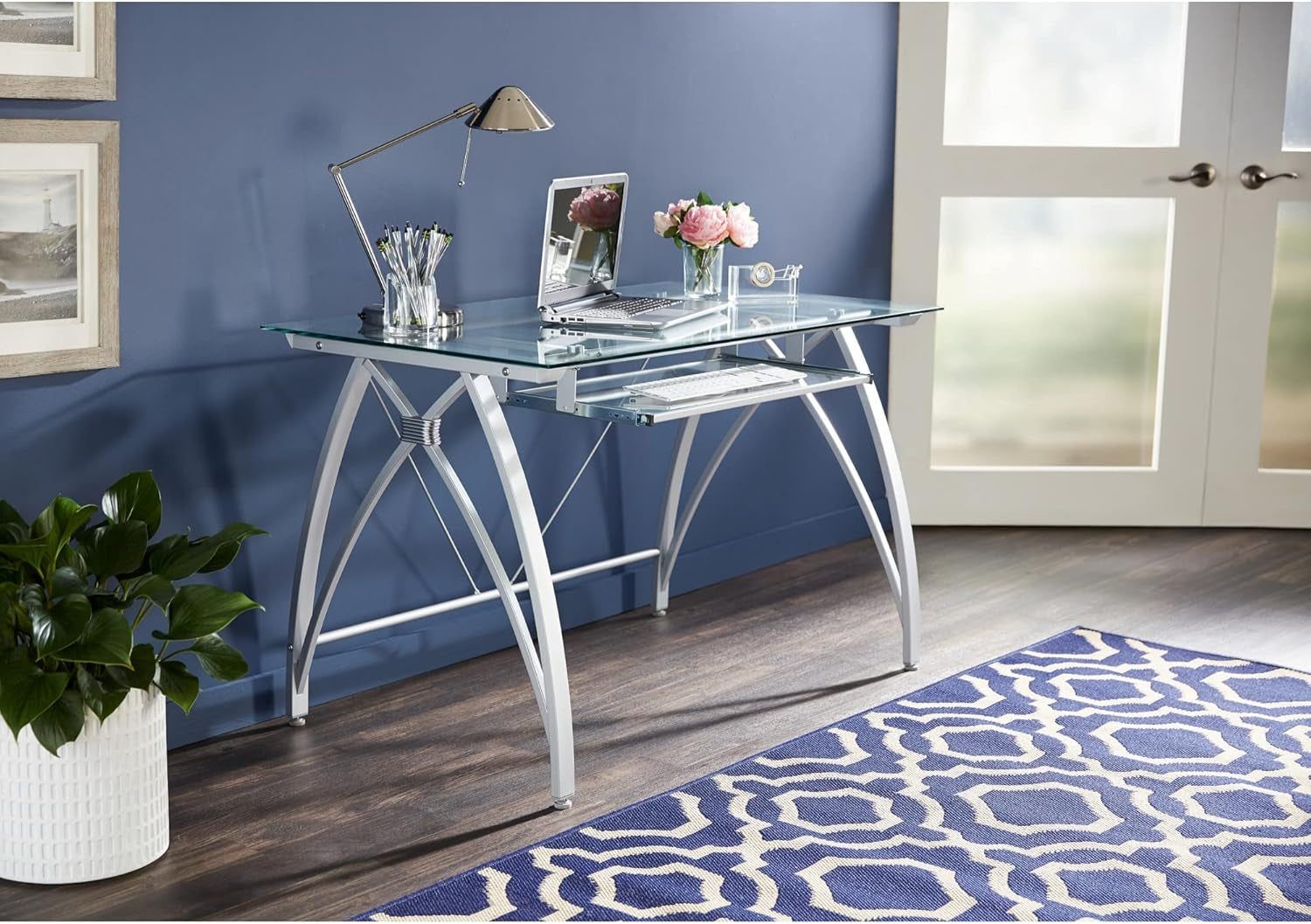 Modern 48 Inch Glass Computer Desk With Metal Frame