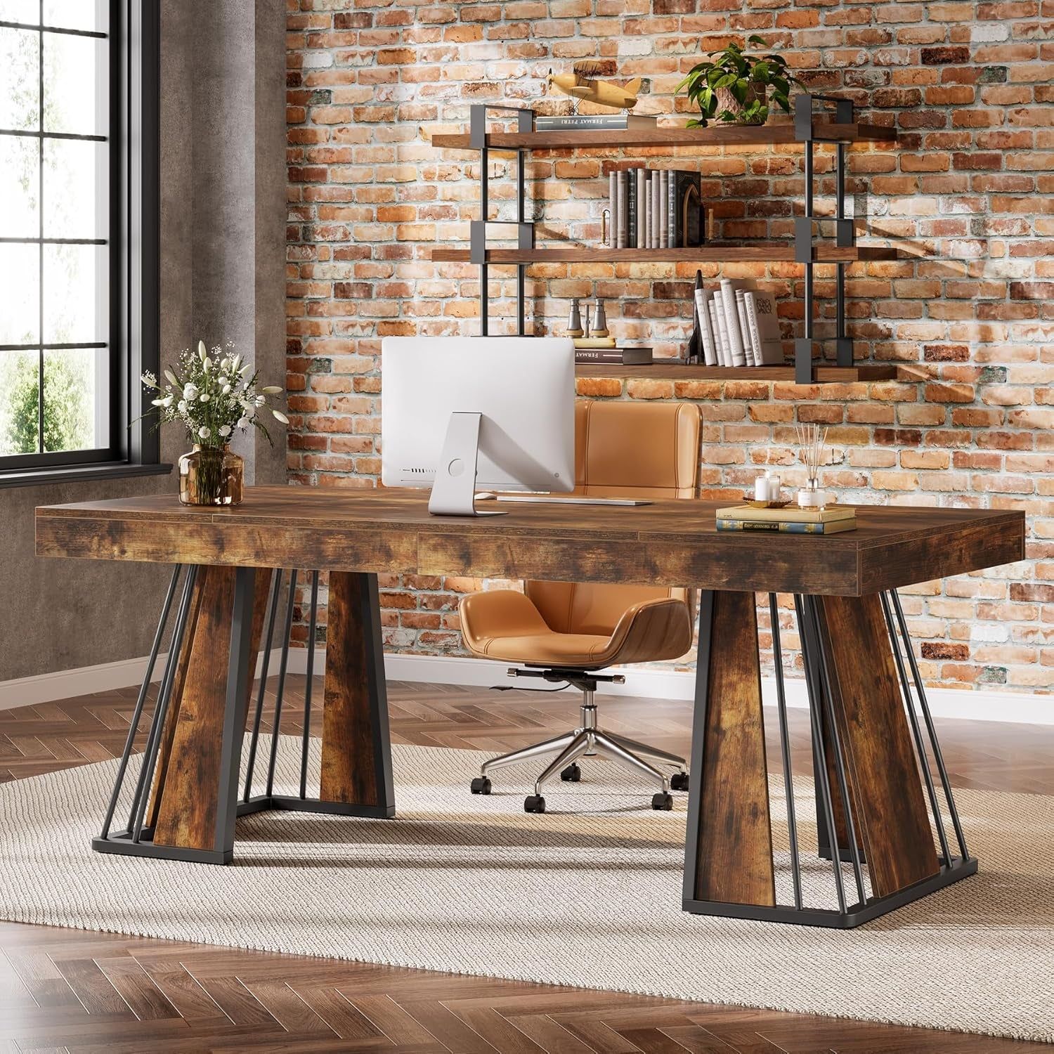 70.9&quot; Computer Desk, Large Executive Desk with Unique Legs, Industrial Workstation Conference Table for Office, Study, Rustic Brown